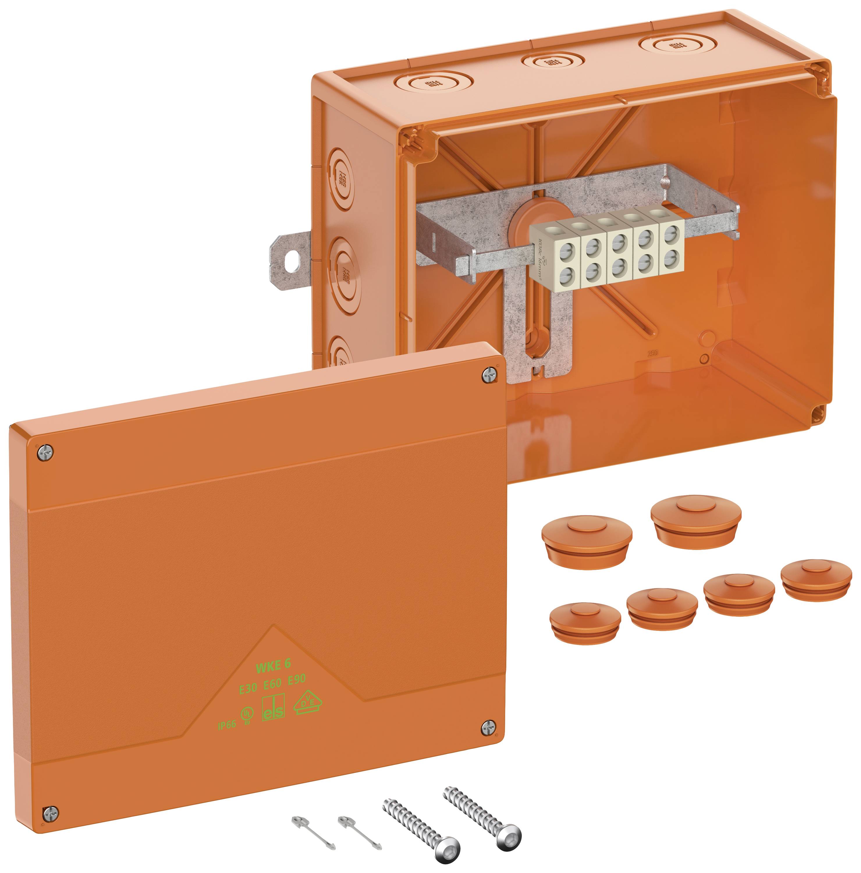 Orangefarbige Abzweigdose mit transparentem Deckel, Metallhalterung und Klemmenblock, Schrauben und Abdeckungen separat abgebildet.