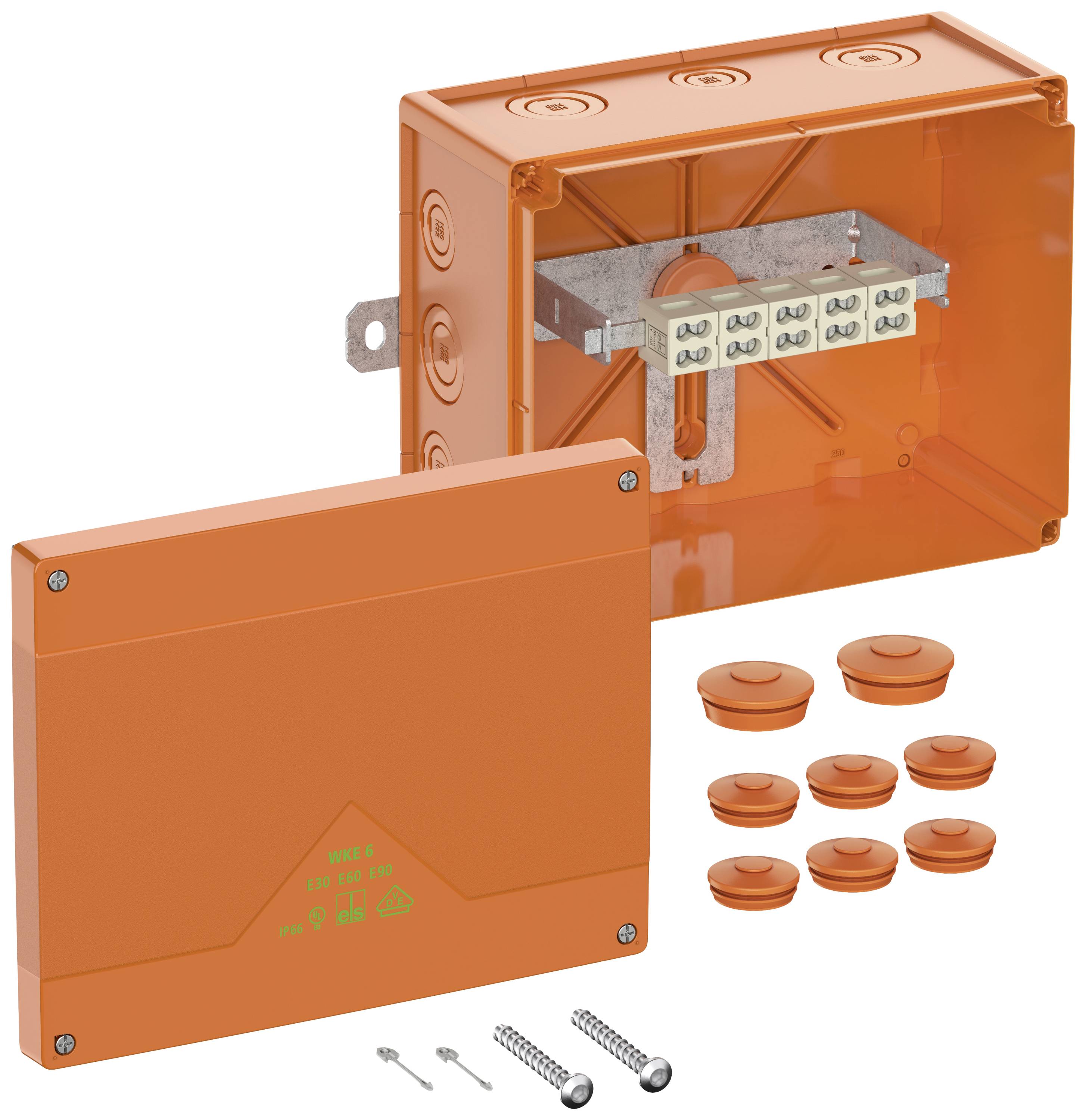 Orangene Verteilerdose mit abgenommenem Deckel, zeigt Innenansicht mit Klemmen und beiliegenden Schrauben und Dichtungen. Ideal für Elektroinstallationen.