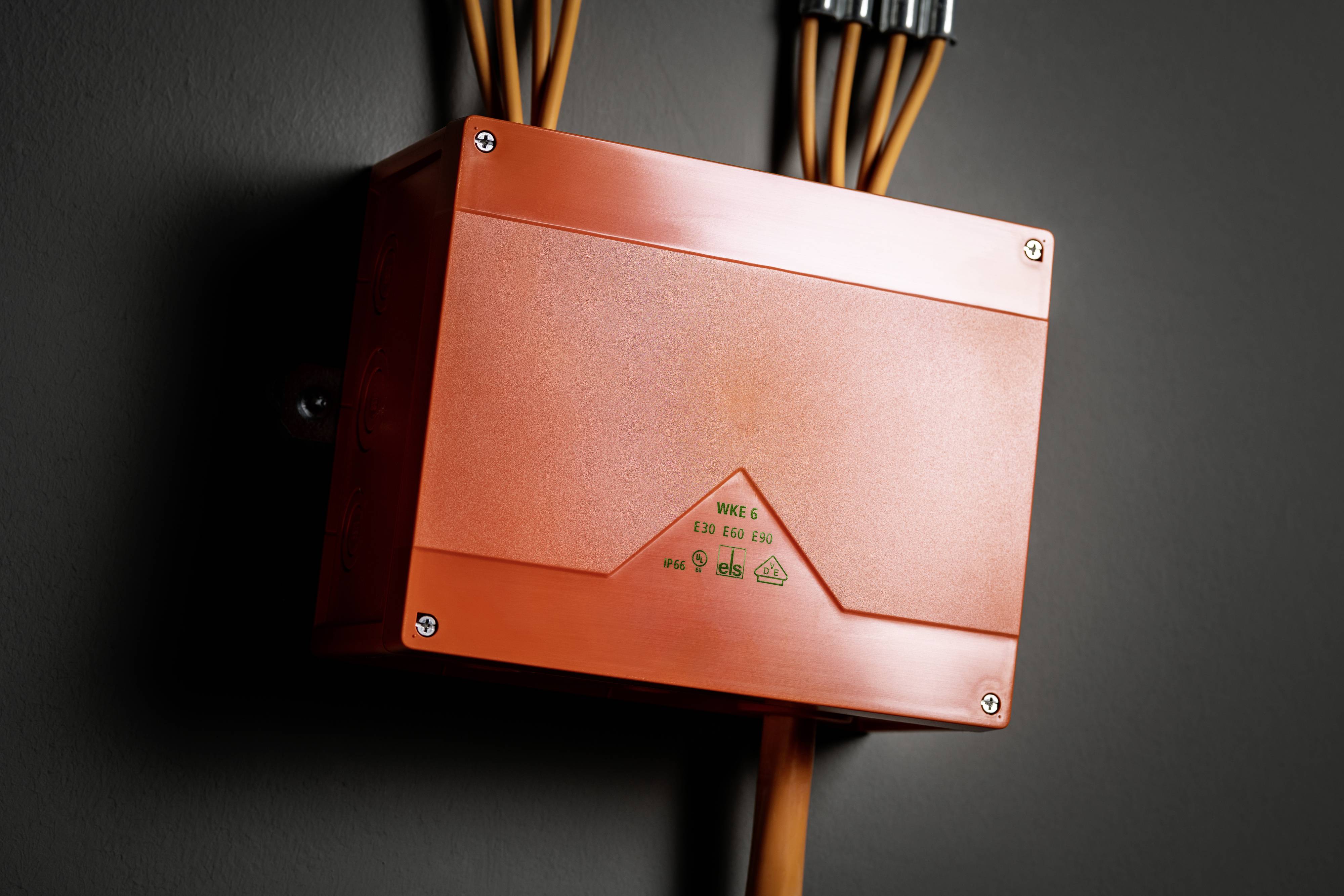 Eine orangefarbene elektrische Anschlussdose an einer Wand, mit mehreren Kabeln oben und unten verbunden.