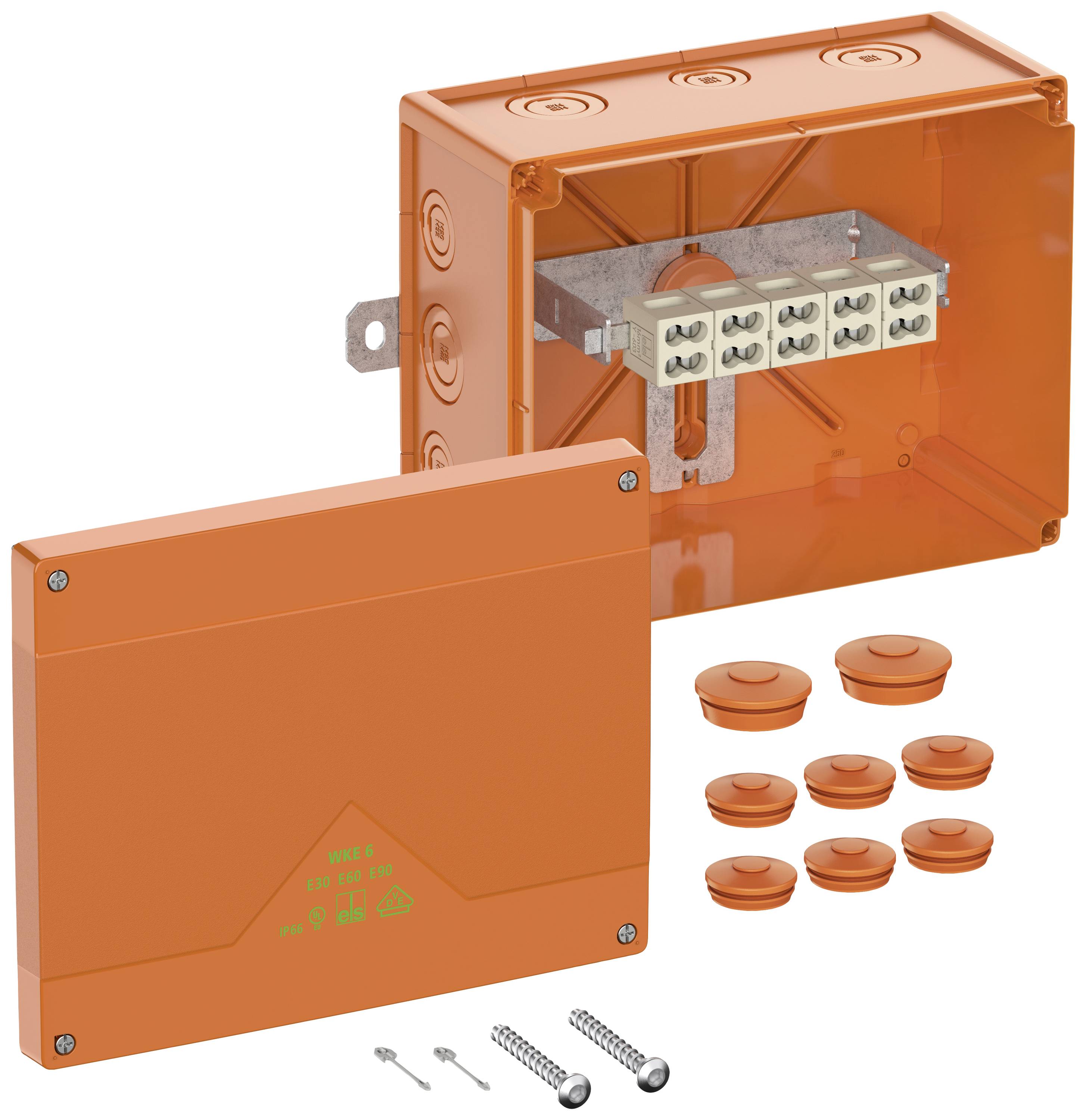 Orangefarbener elektrischer Anschlusskasten mit abnehmbarer Abdeckung und mehreren Steckverbindungen, daneben Schrauben und Abdeckungen.