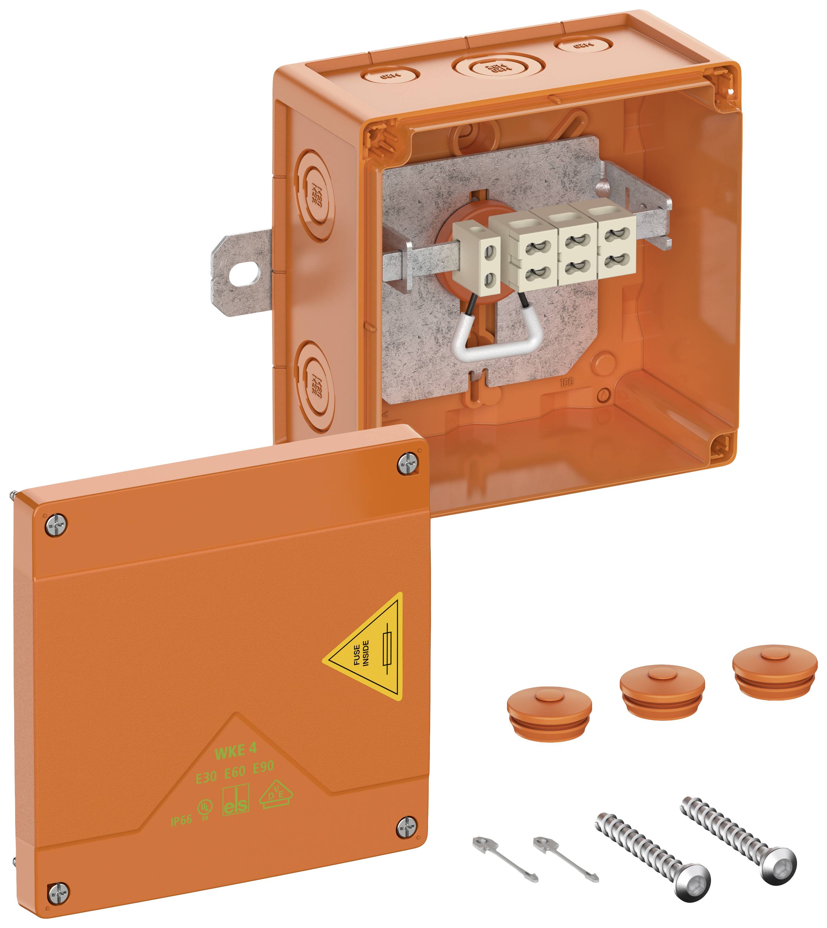 Orange elektrische Anschlussdose mit abnehmbarem Deckel, enthaltene Schrauben und Dichtungen. Geeignet für Innenverkabelung.