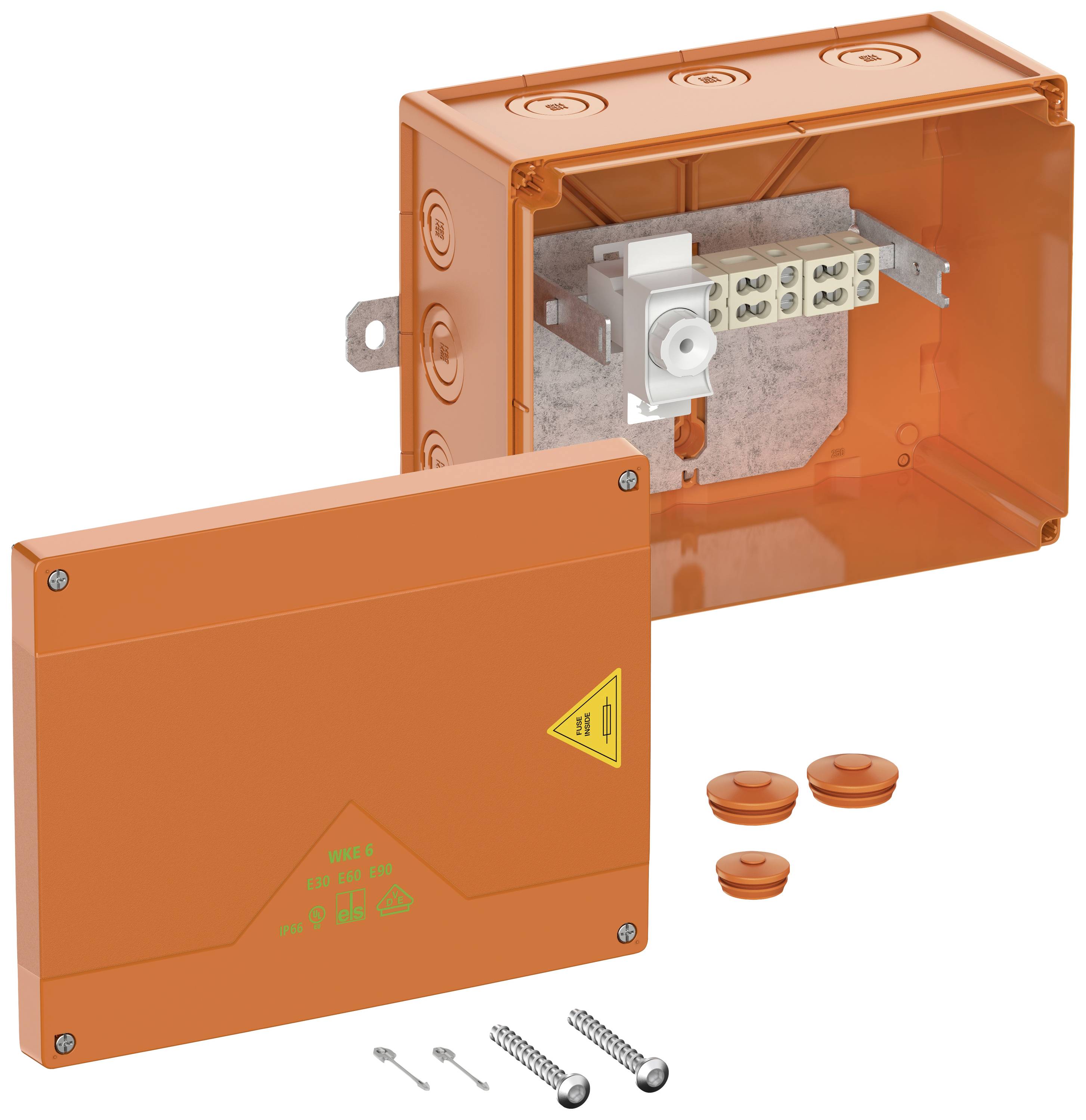 Orangenes Gehäuse mit offenem Deckel zeigt innenliegende Anschlüsse. Enthalten sind Kabelverschraubungen und Befestigungsmaterial.