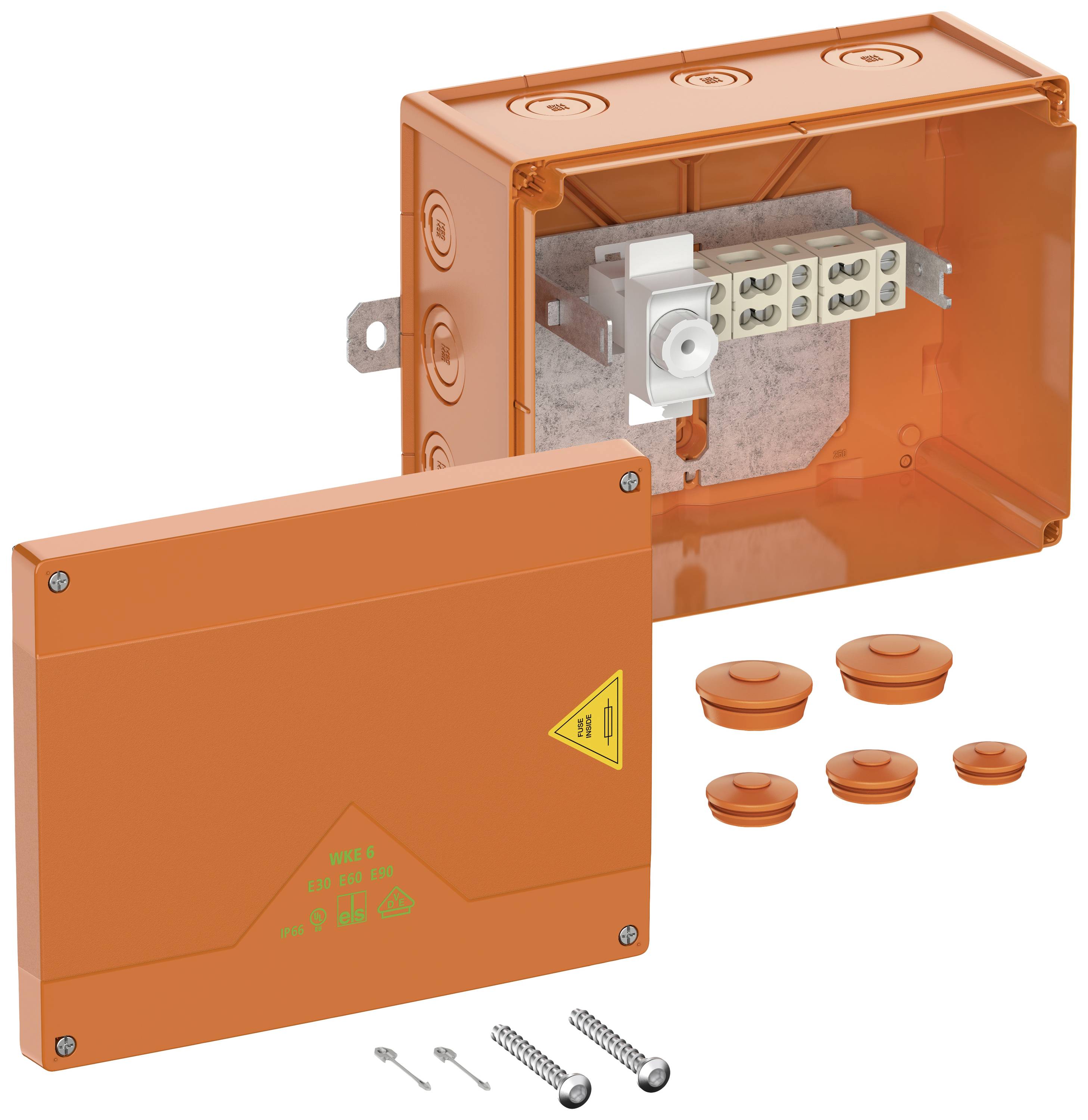 Orange Kunststoffanschlussdose mit abnehmbarer Abdeckung, Schrauben, und Verschlussstopfen. Geeignet für elektrische Verbindungen.