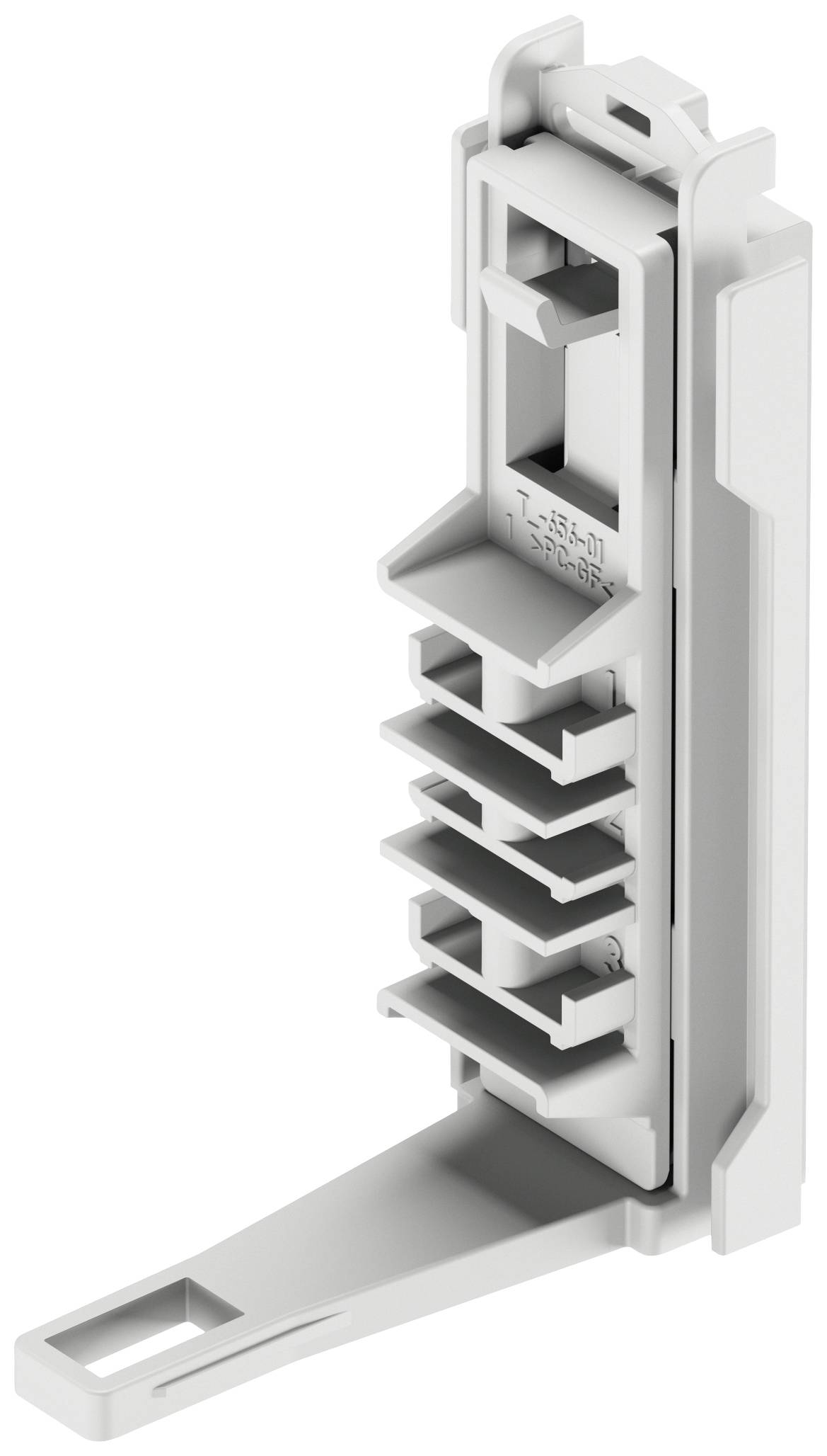 Kunststoffhalterung für DIN-Schienenmontage, bietet Platz für mehrere Module. Geeignet für industrielle Verkabelung und Gerätebefestigung.