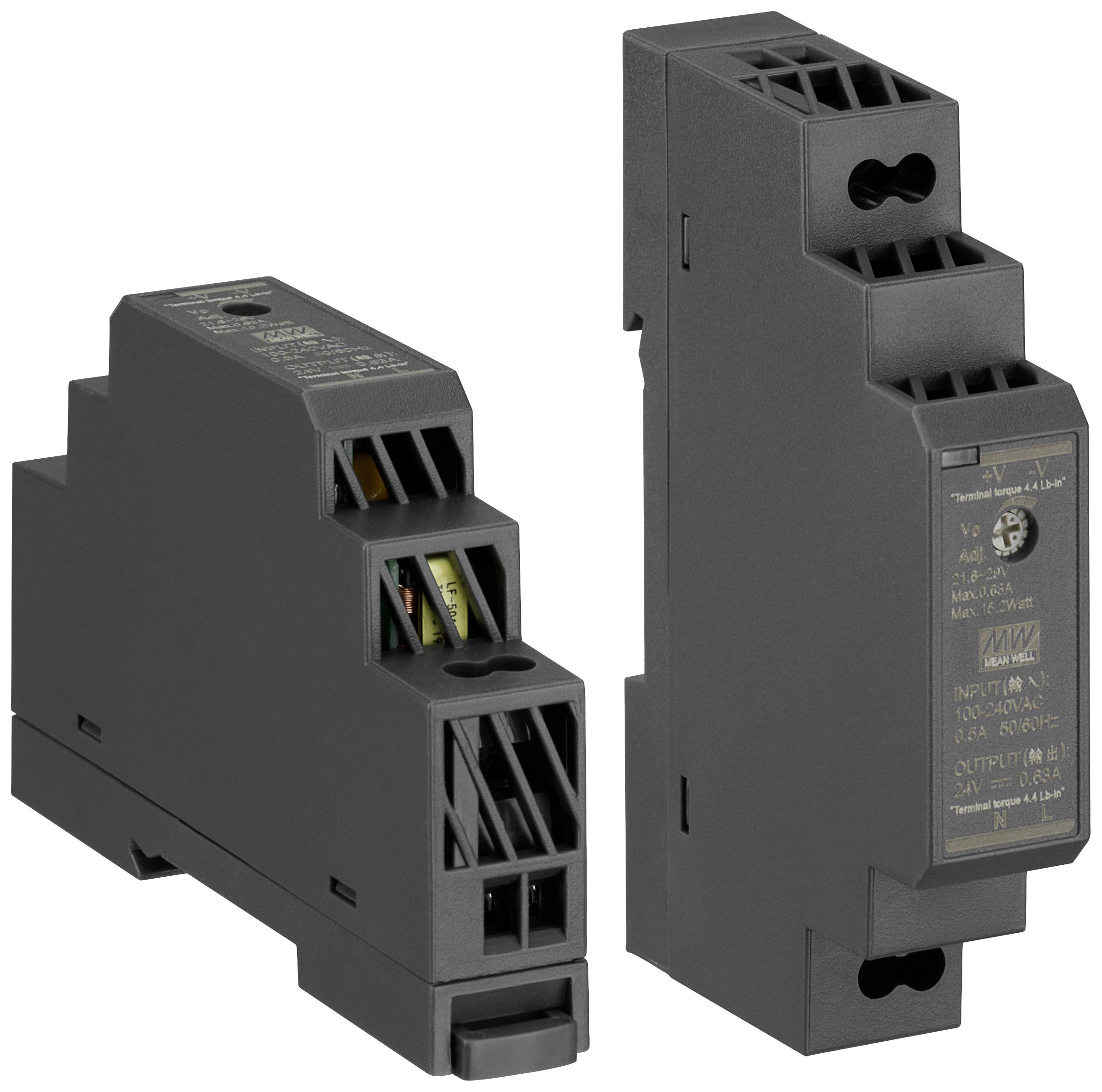 Zwei schwarze elektronische Netzteile, eines liegend, eines stehend, mit mehreren Klemmen und technischen Beschriftungen auf der Oberfläche.