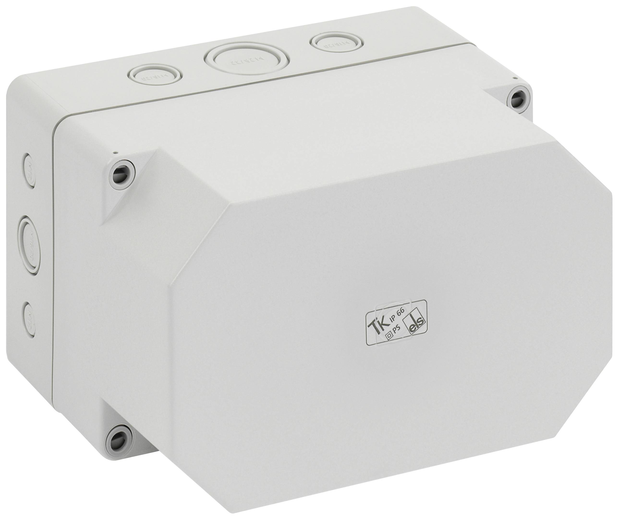 Ein rechteckiges graues Gehäuse mit mehreren Öffnungen und einer abnehmbaren Abdeckung. Eignet sich zur sicheren Unterbringung von Elektronik.