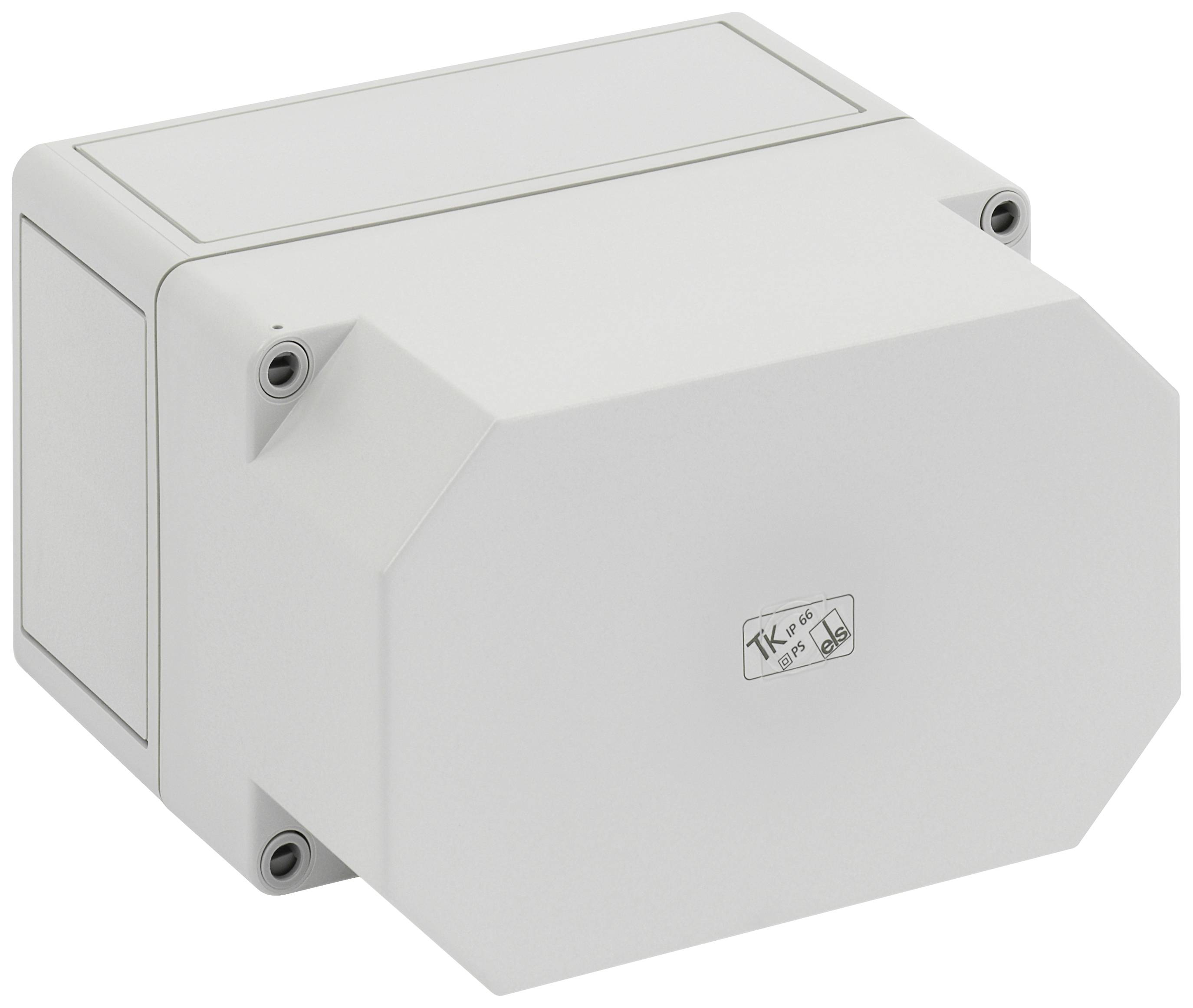 Weiße rechteckige elektrische Anschlussdose aus Kunststoff mit abnehmbarem Deckel, vier Schraubbefestigungen und beschriftetem Etikett.