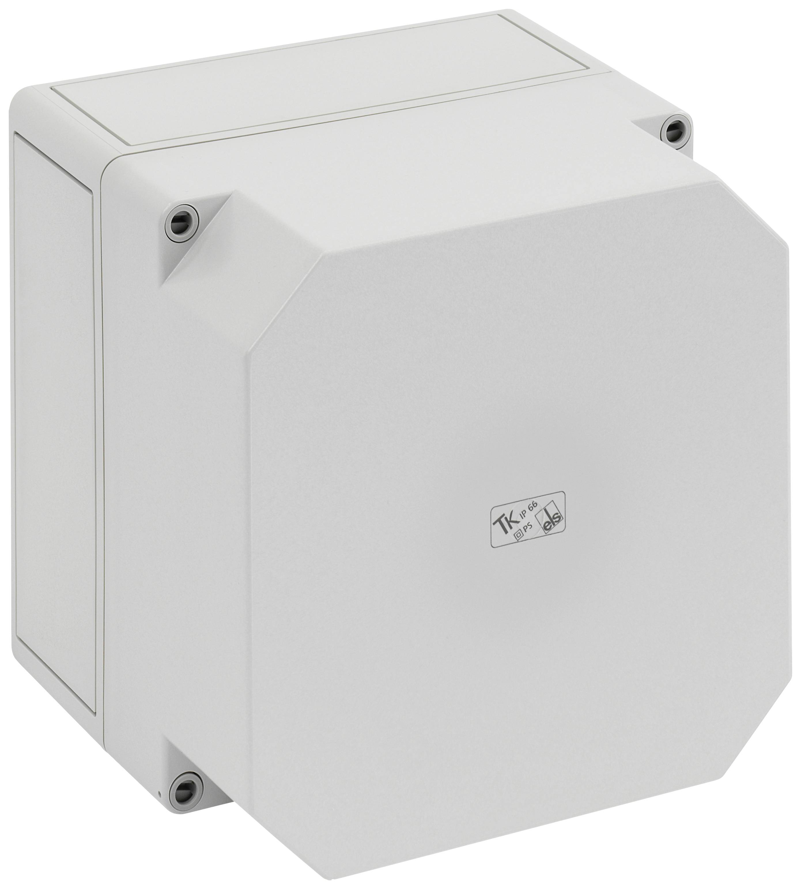 Ein graues, quadratisches Kunststoffgehäuse mit Schrauben an den Ecken, geeignet zur Montage von elektrischen Komponenten.