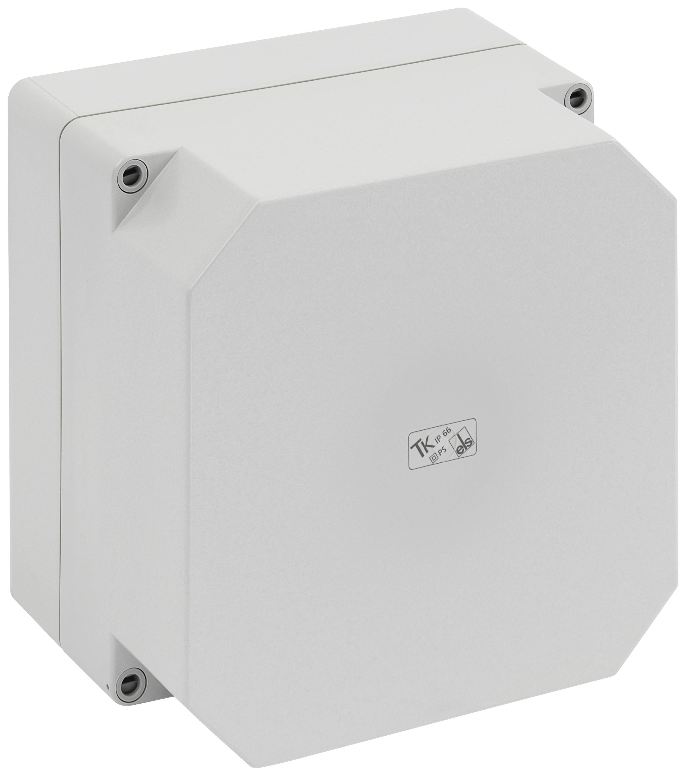 Graues Kunststoffgehäuse für elektrische Installationen, mit quadratischer Form, vier sichtbaren Schraublöchern und glatter Oberfläche.