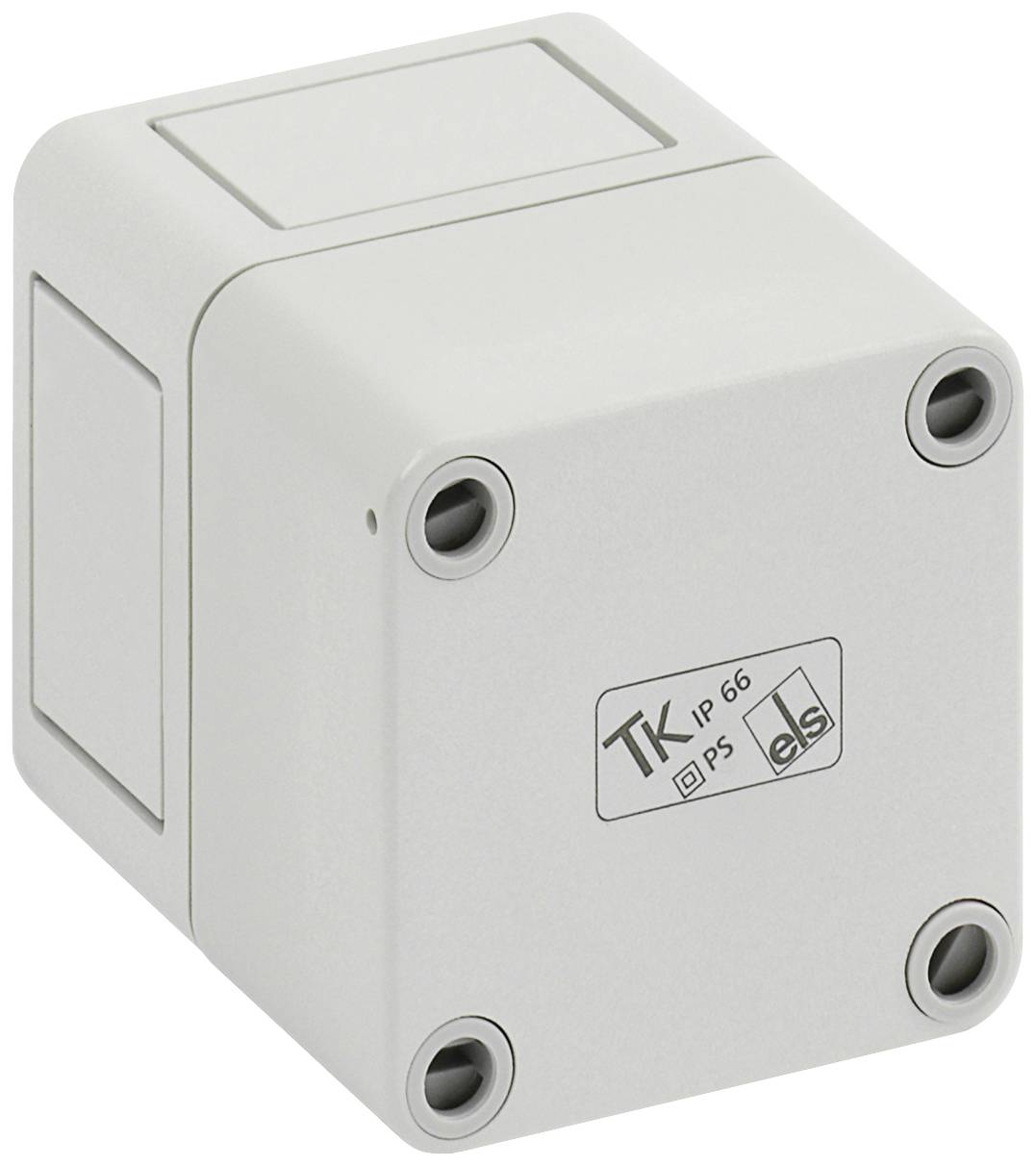 Eine graue Anschlussdose mit vier Schrauben in den Ecken. Aufdruck 'TK IP 66 P5' auf der Vorderseite.