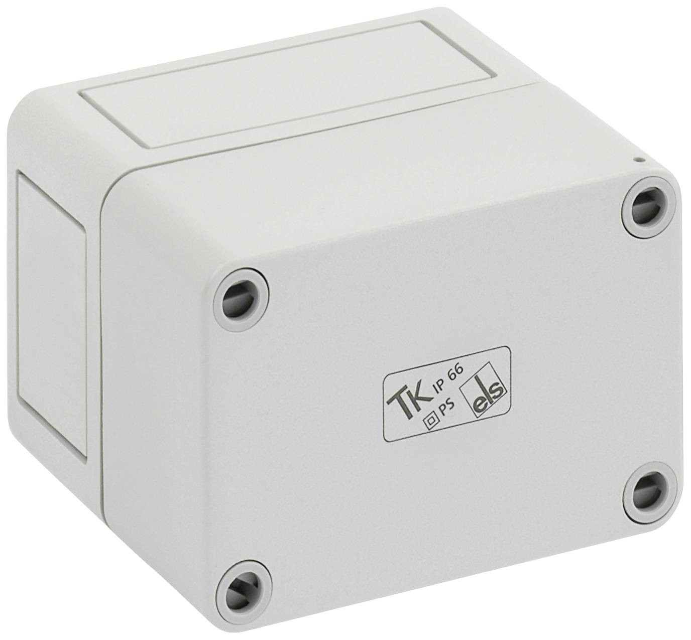 Grauer elektrischer Anschlusskasten in rechteckiger Form mit IP66-Kennzeichnung auf der Vorderseite. Ideal für den Außenbereich.