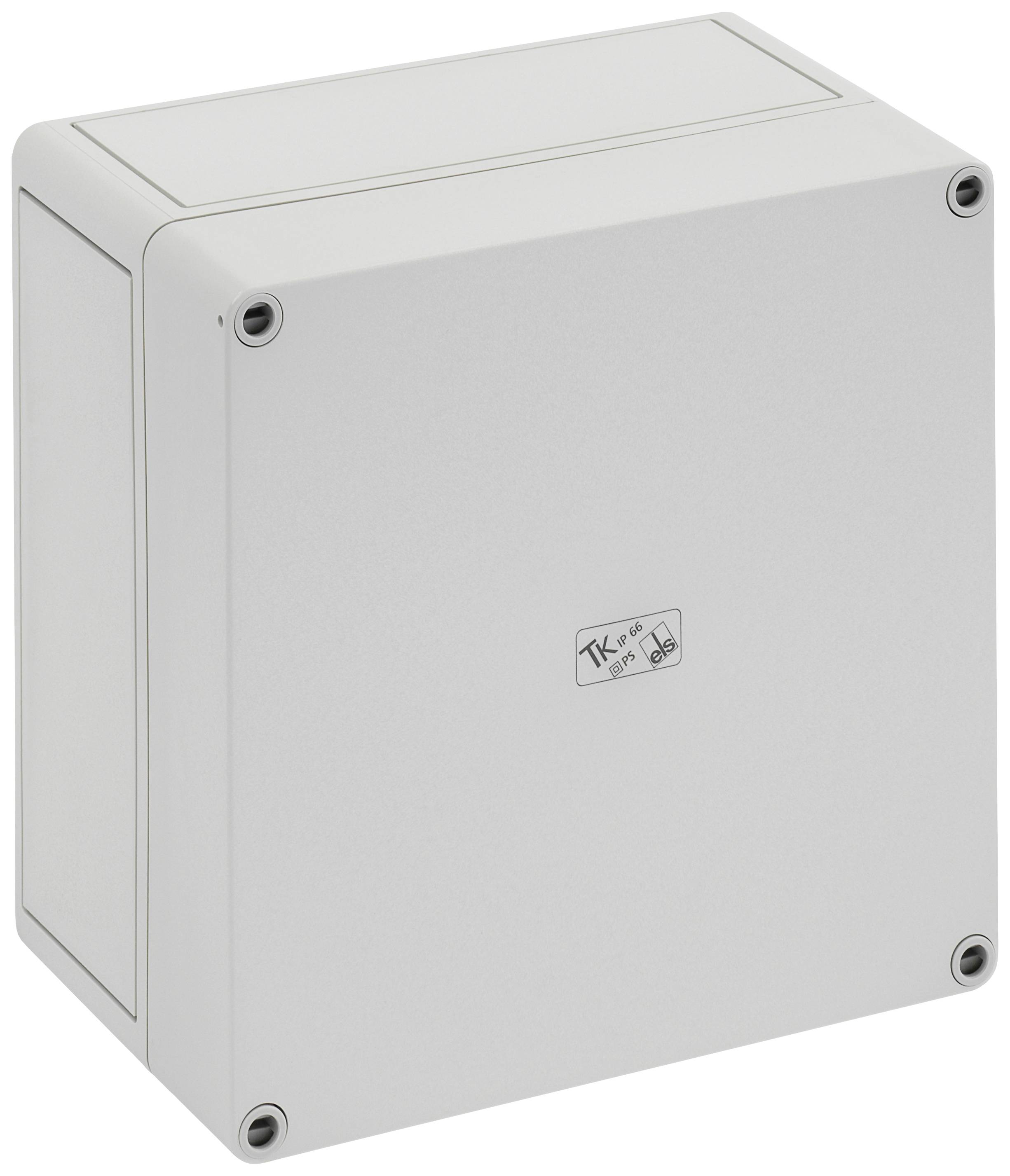 Ein rechteckiges, elektrisches Gehäuse in hellem Grau mit vier Schrauben an den Ecken, geeignet für den Einsatz in technischen Installationen.