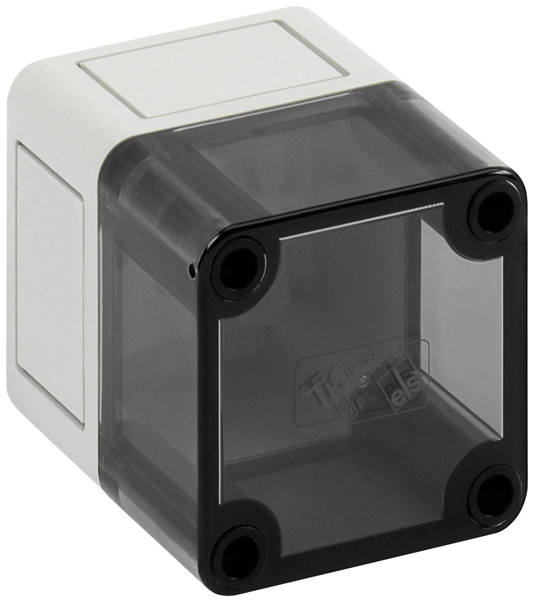 Ein transparentes Kunststoffgehäuse in Würfelform mit schwarzem Rahmen und vier Schraublöchern an den Ecken.