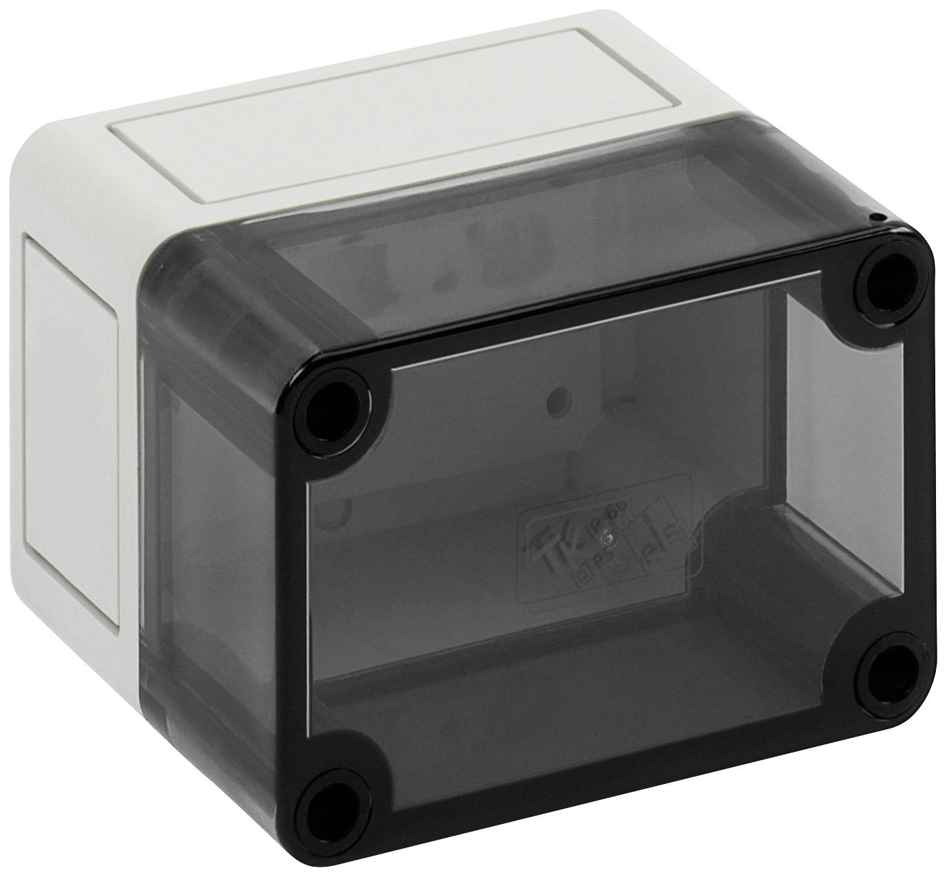 Eine kleine, rechteckige, transparente Schutzbox mit abgerundeten Ecken, geeignet für den Schutz elektrischer Komponenten.