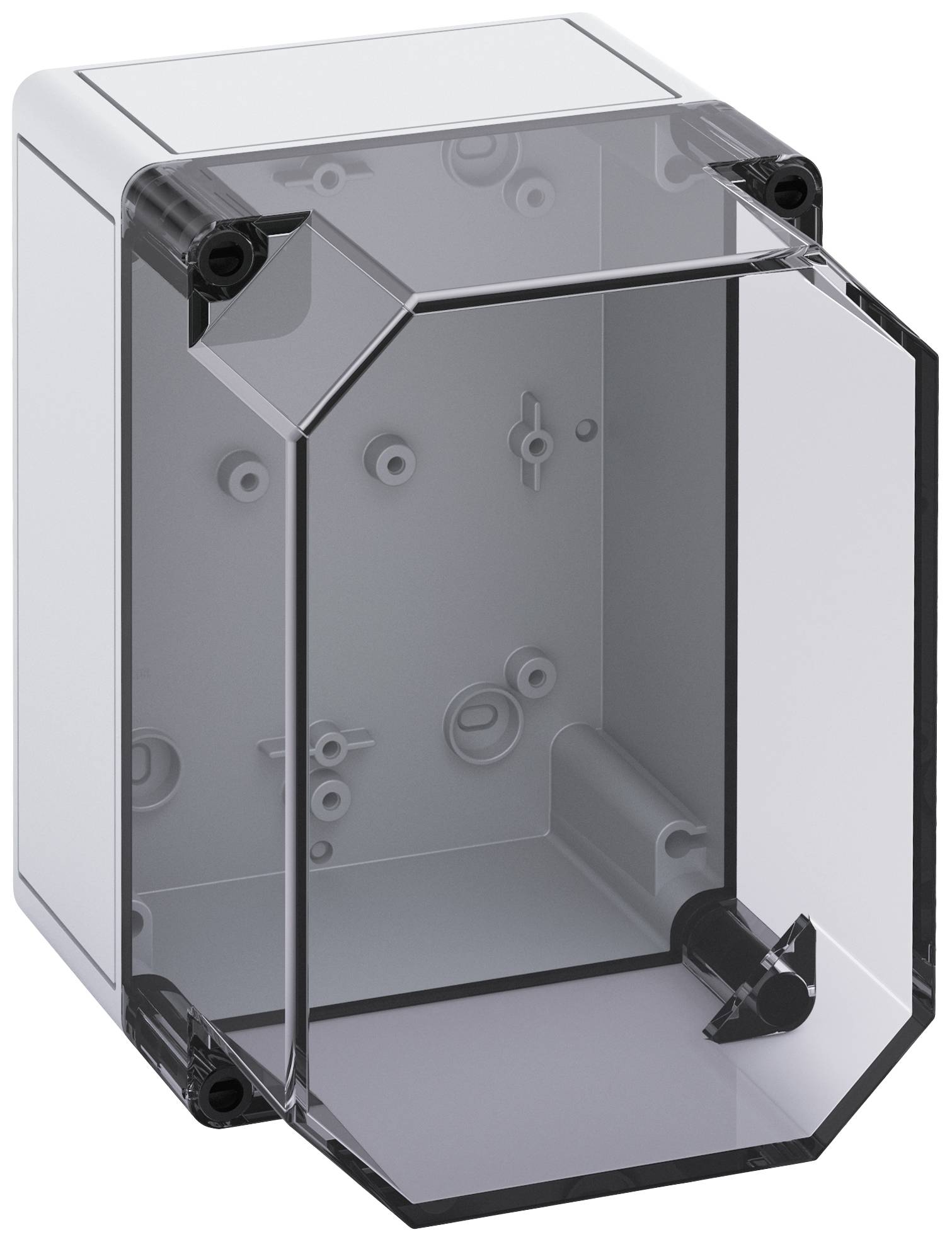 Eine transparente Kunststoff-Box mit abnehmbarem Deckel, geeignet für elektronische Geräte im Innenbereich.