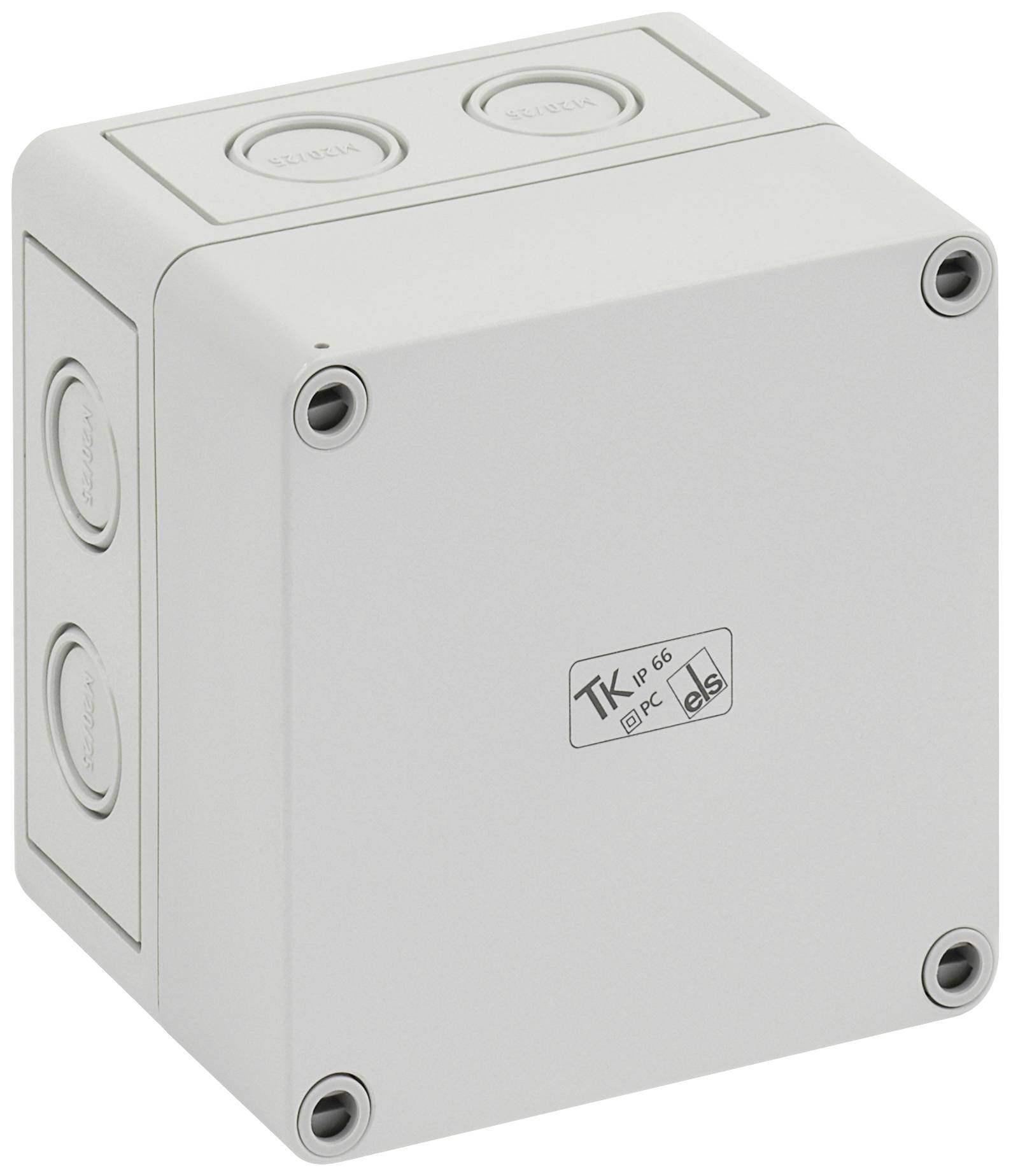 Weiße, quadratische Elektronikbox mit mehreren Kabelöffnungen an den Seiten, geeignet für die Installation in feuchten Umgebungen.