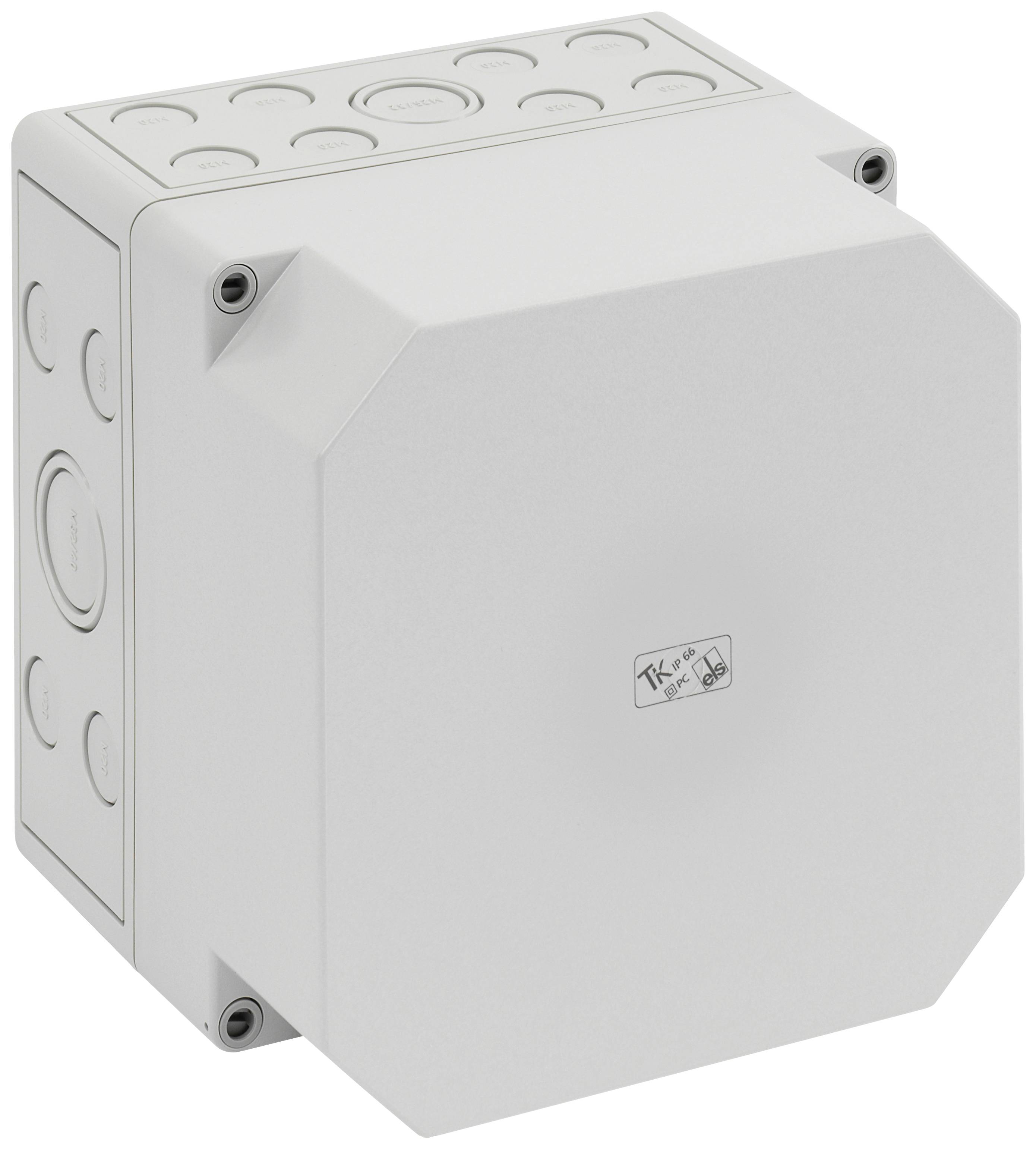 Weiße elektrische Anschlussdose mit mehreren Kabeleinführungen auf der Oberseite und den Seiten, quadratische Form, robustes Design.