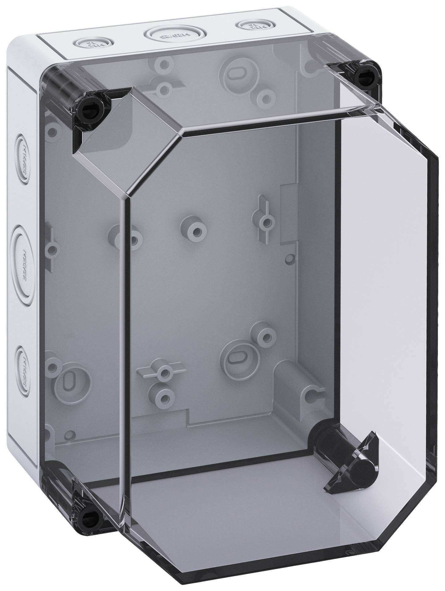 Leere, transparente Kunststoffbox mit schwarzem Rahmen, geeignet für elektronische Installationen. Enthält keine sichtbaren Geräte.