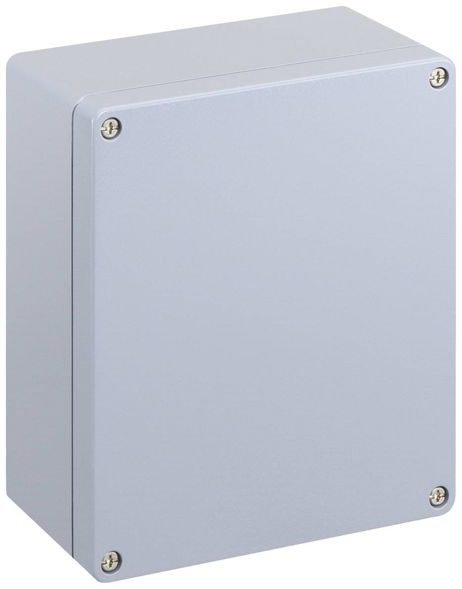 Metallisches Gehäuse mit Schraubverschlüssen an den Ecken, wahrscheinlich für elektrische oder elektronische Komponenten geeignet.