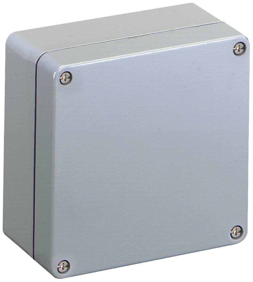 Graues, rechteckiges Gehäuse mit vier sichtbaren Schrauben an den Ecken, verwendet für Elektronik oder Elektroinstallationen.