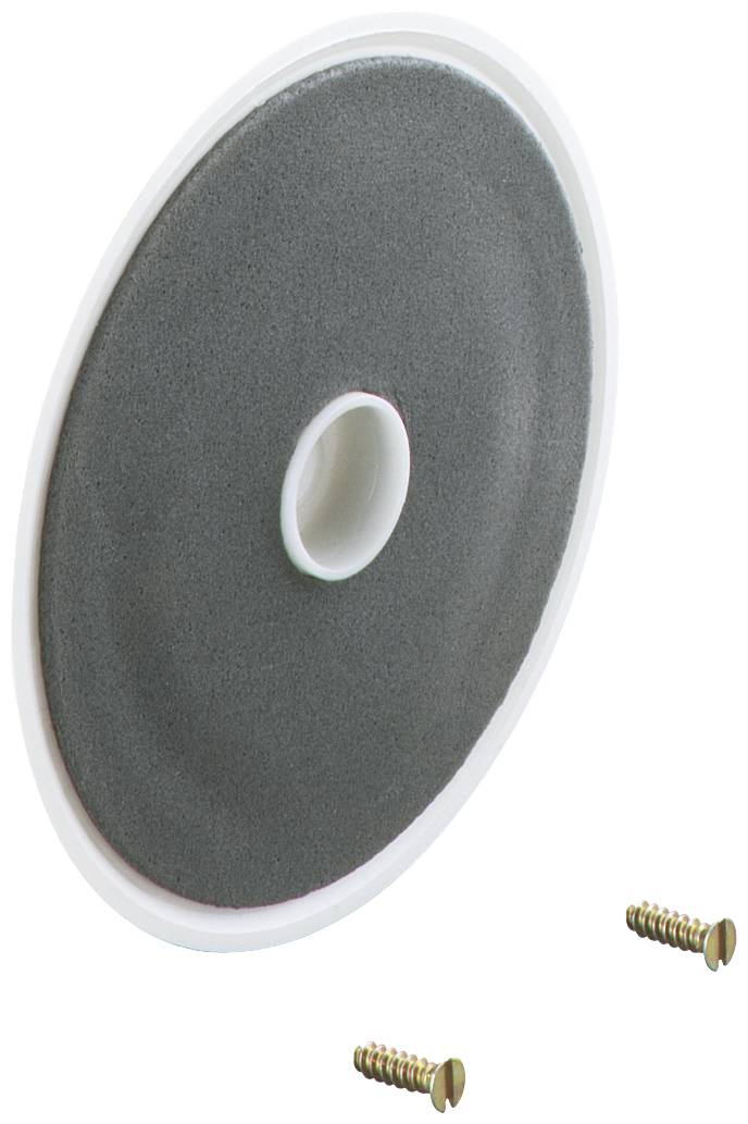 Ein runder, grauer Schaumstoffpuffer mit weißem Rand, daneben zwei goldfarbene Schrauben.