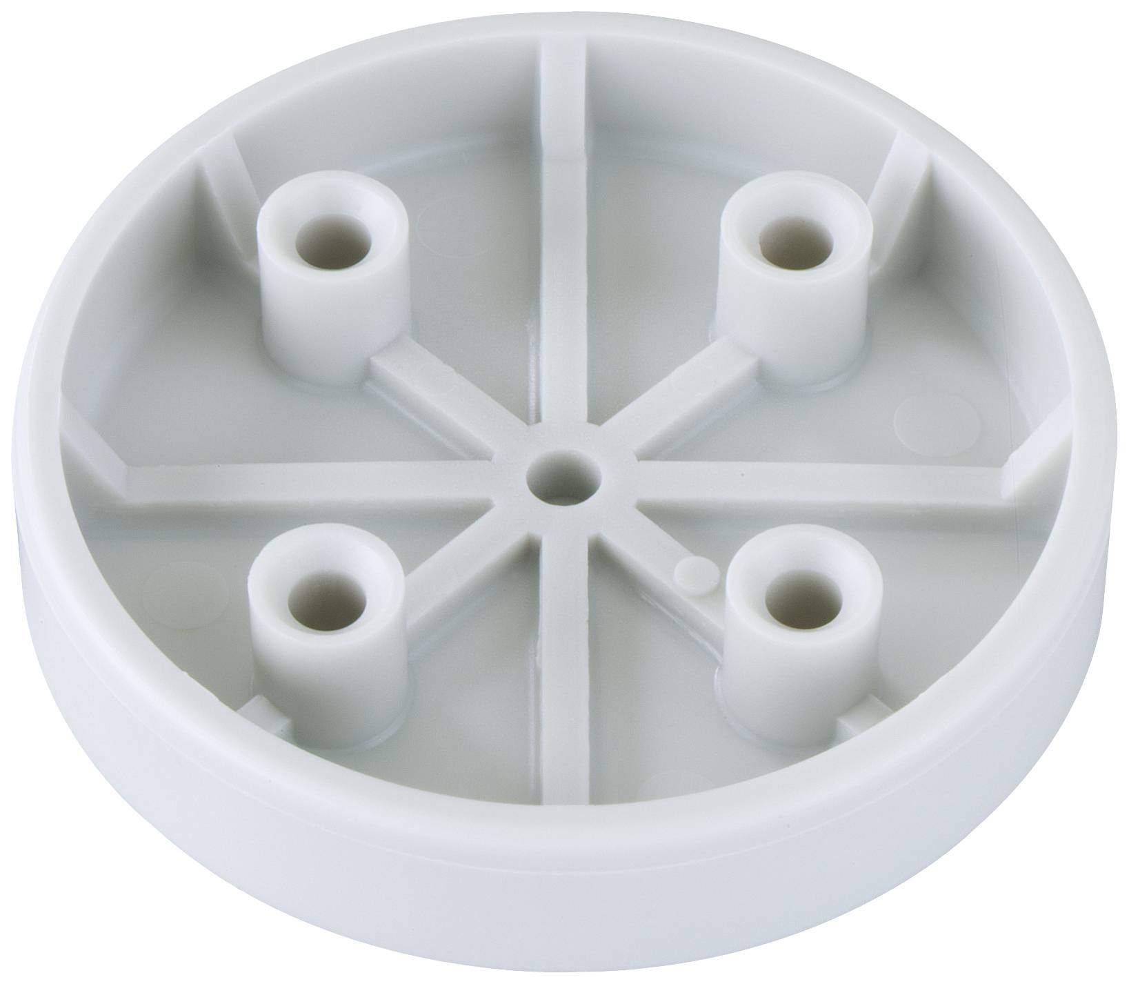 Runde, weiße Kunststoffplatte mit vier symmetrisch angeordneten Löchern und einer zentralen Erhebung.