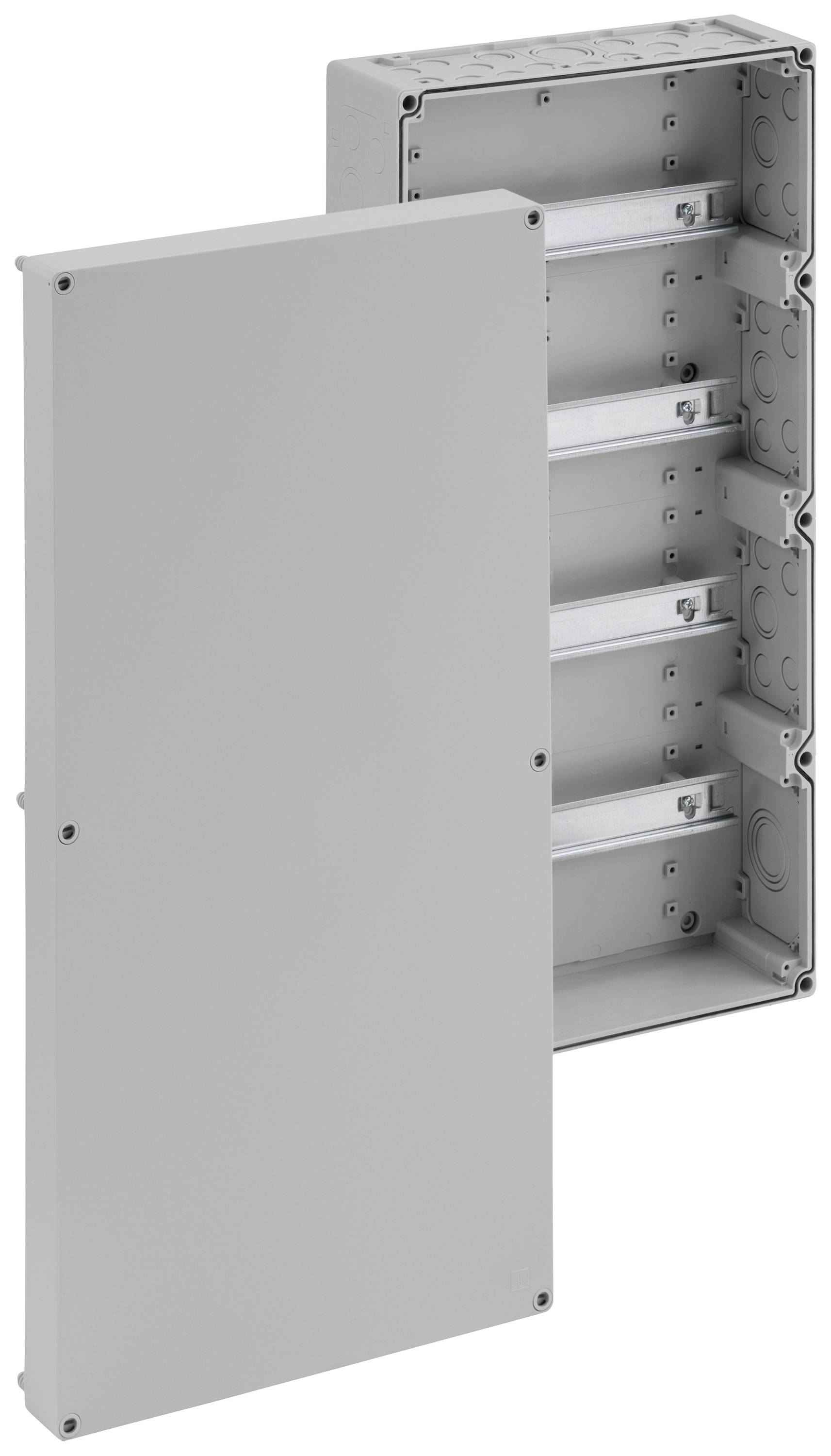 Elektrischer Verteilerkasten aus Metall, geöffnet, zeigt mehrere Reihen für Schaltkreise. Deckel daneben. Geeignet für Inneninstallation.