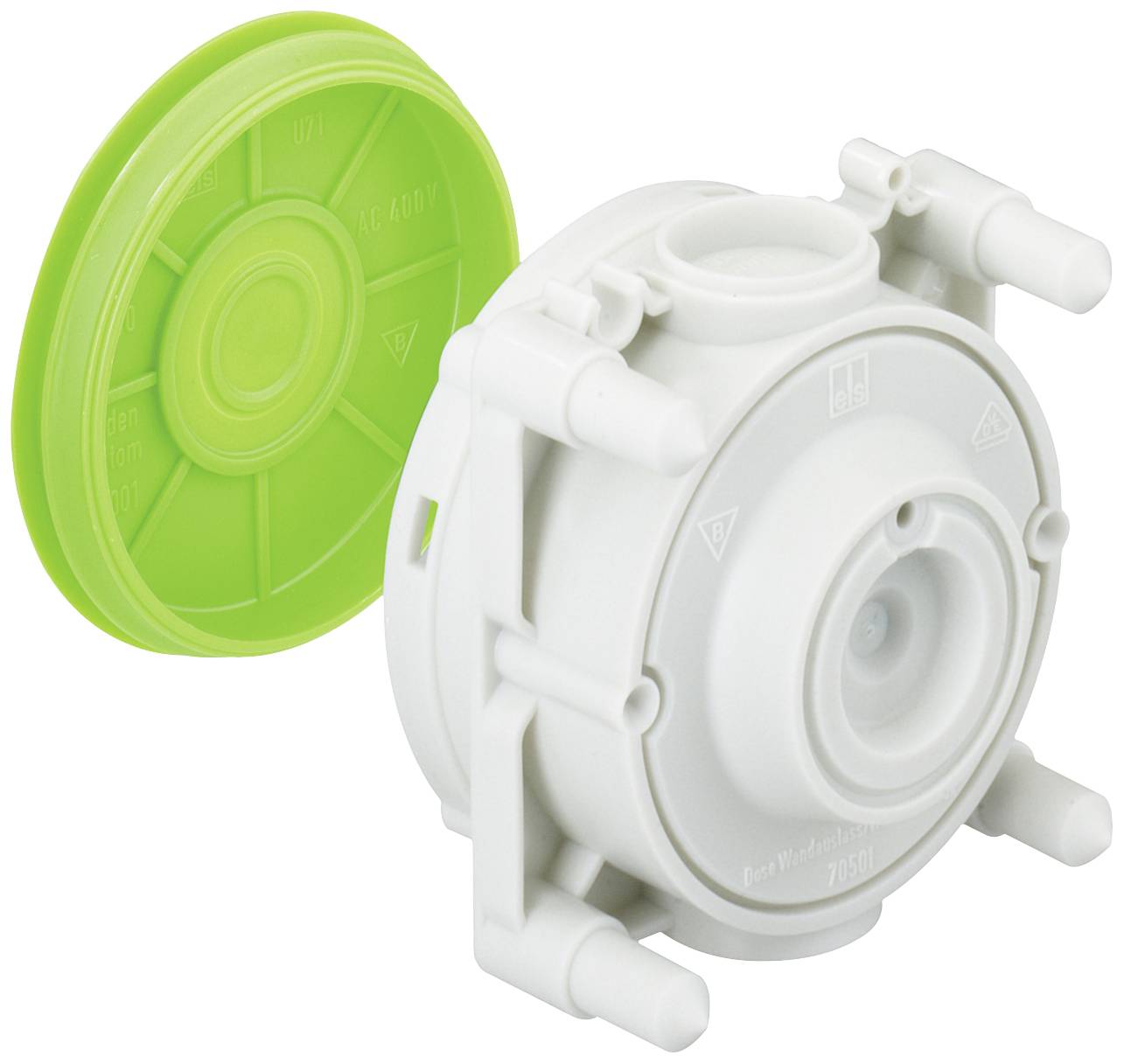 Weiße, runde Kunststoffkomponente mit mehreren Anschlüssen und einem abnehmbaren grünen Deckel. Möglicherweise ein Teil eines technischen Geräts.