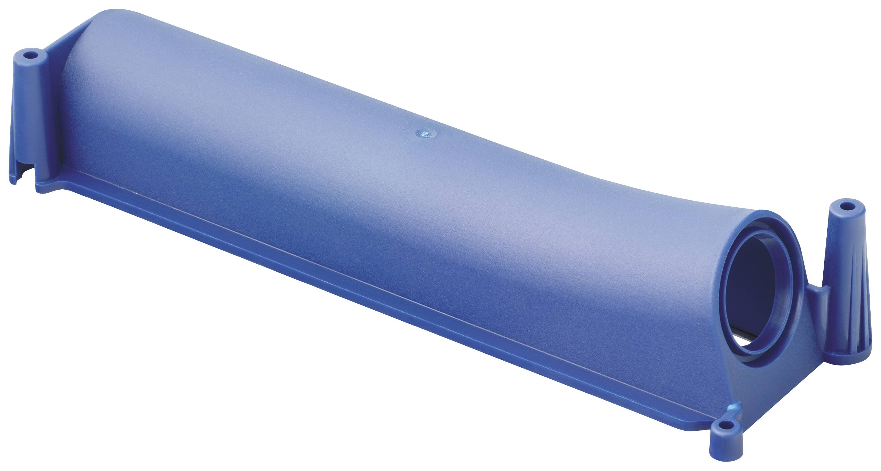 Ein blaues Kunststoffgehäuse mit zylindrischer Öffnung auf einer Seite, möglicherweise ein elektrisches oder mechanisches Bauteil.