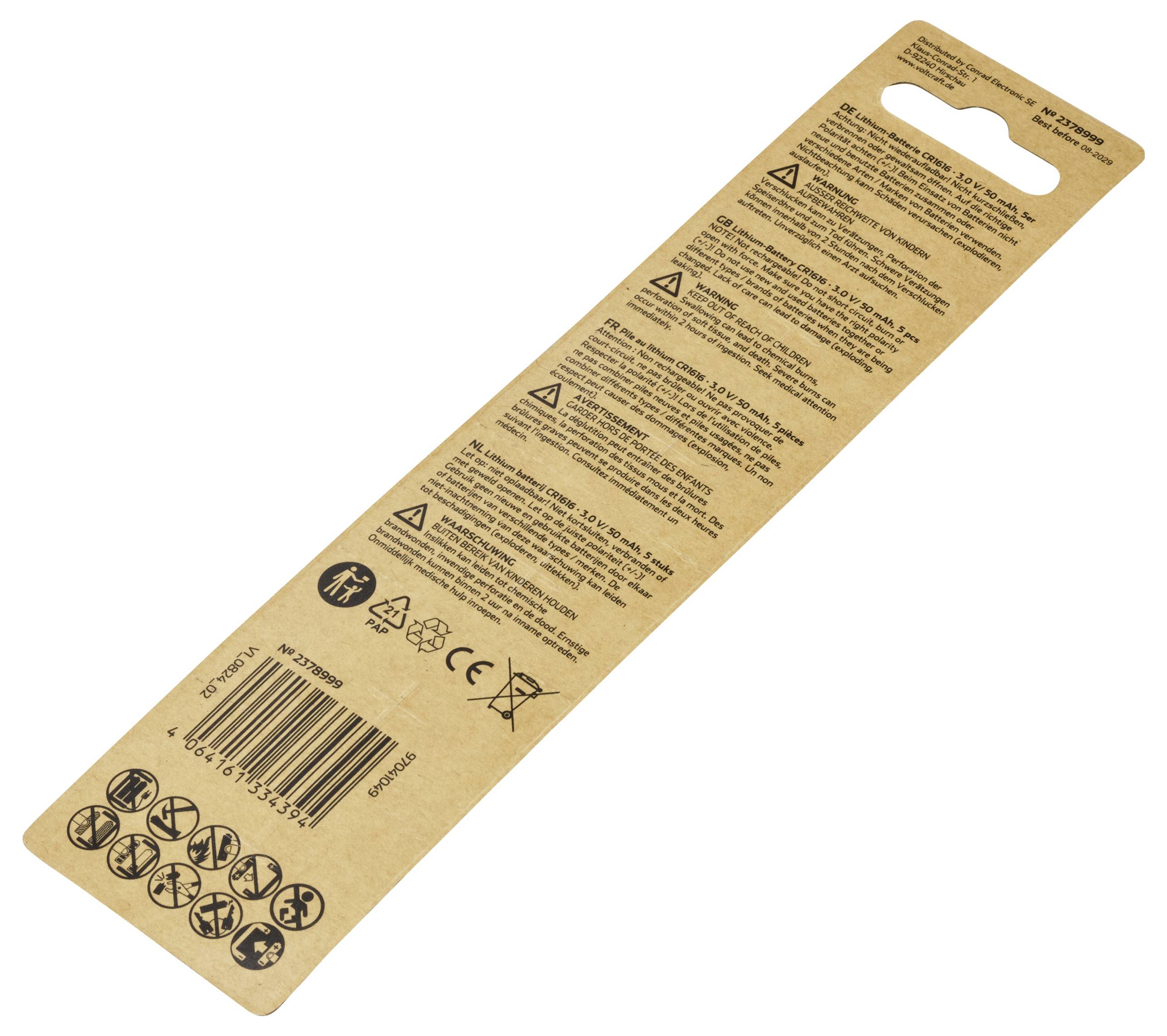 Kartonverpackung in rechteckiger Form mit Sicherheits- und Recyclinghinweisen, Barcodes und Symbolen. Enthält Informationen über die Produktverwendung.