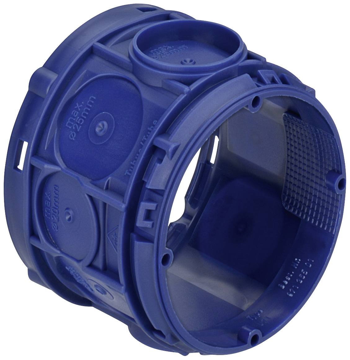 Eine blaue Kunststoff-Unterputzdose mit runder Form, verwendet für die Installation von elektronischen Komponenten in Wänden.