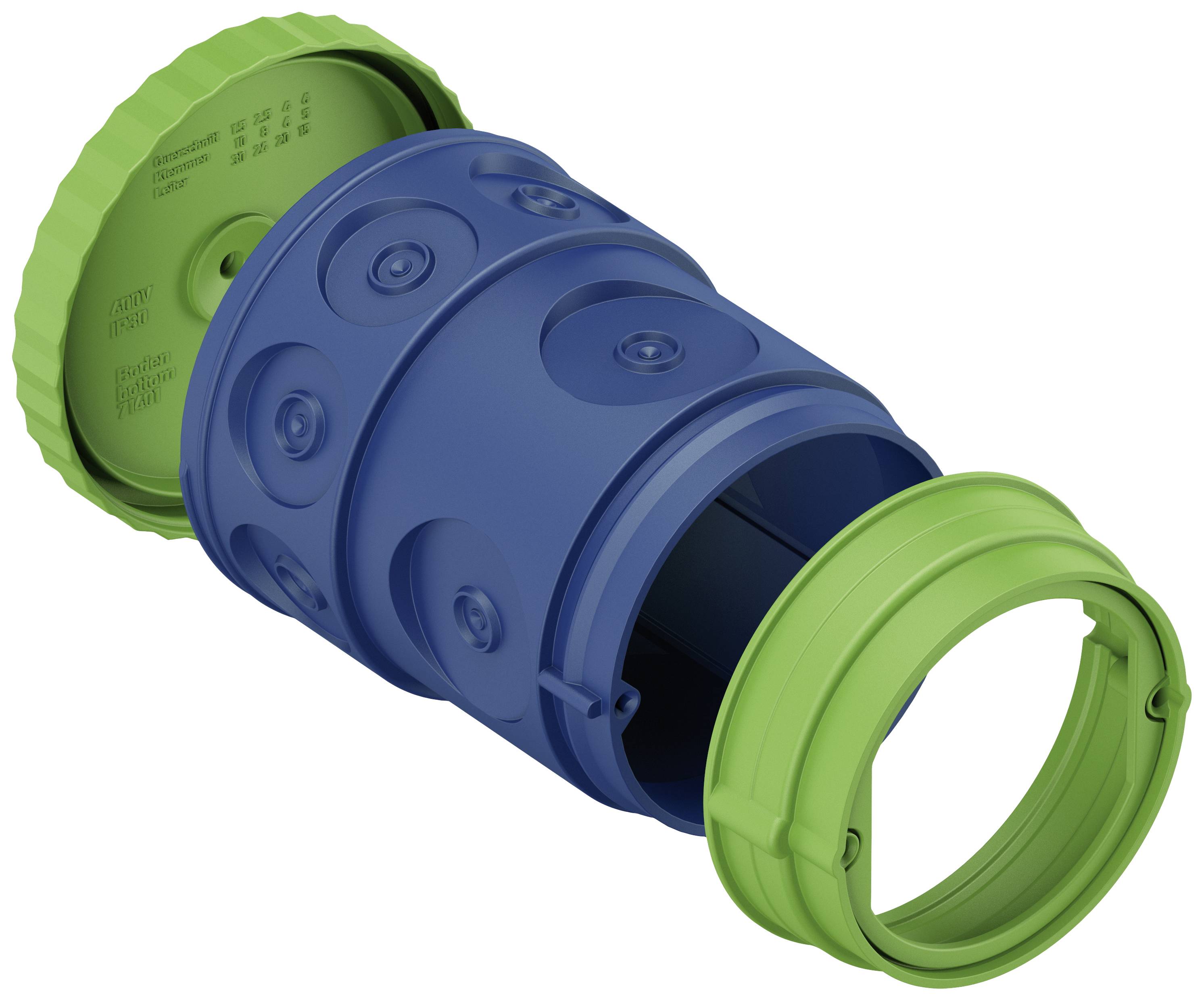Blauer und grüner Kunststoffanschluss, geeignet für Rohrsysteme. Detaillierte Ringstruktur auf der blauen Fläche zu erkennen.