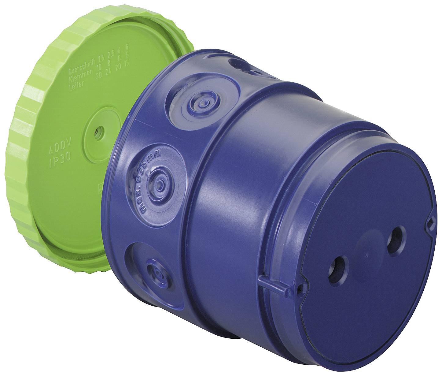 Blauer und grüner Industriestecker, zylindrische Form, zeigt eine elektrische Verbindungskomponente, häufig in Maschinen- und Elektrotechnik verwendet.