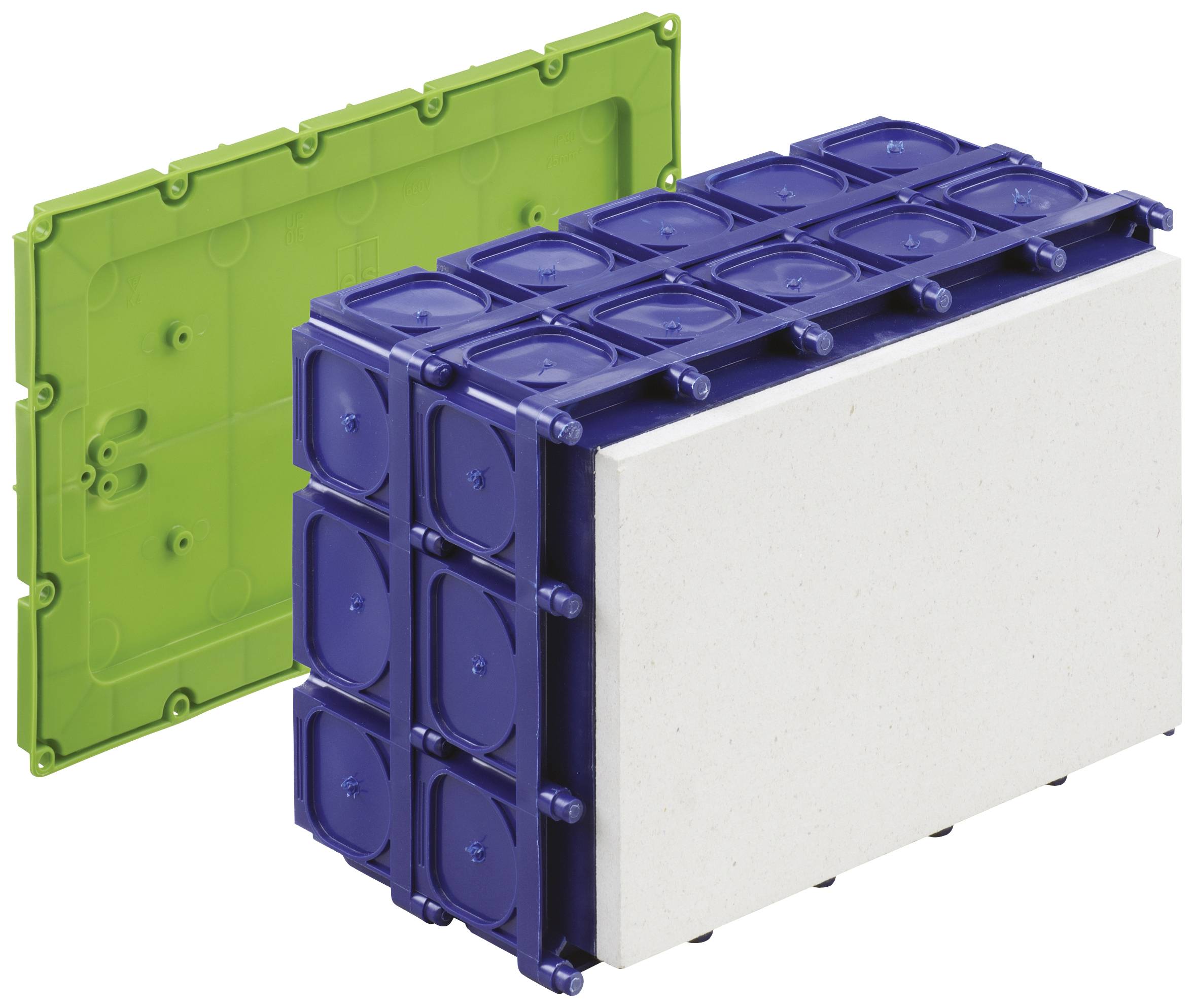 Grüner Rasterrahmen und blauer Steckrahmen für Elektrodosen, nebeneinander liegend. Fachmaterialien für Elektroinstallationen.