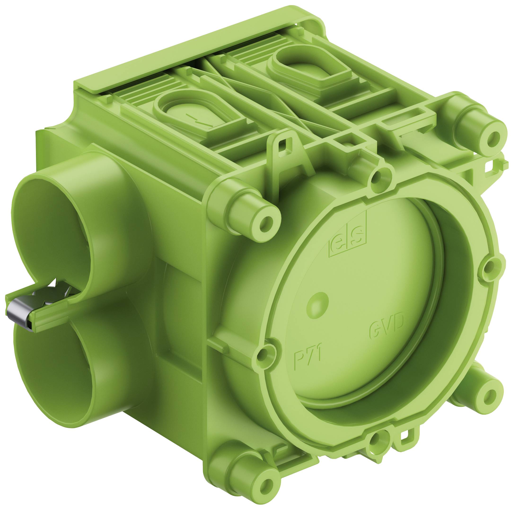 Grüne, quadratische Geräte-Verbindungsdose mit mehreren Befestigungslöchern und Kabelöffnungen.