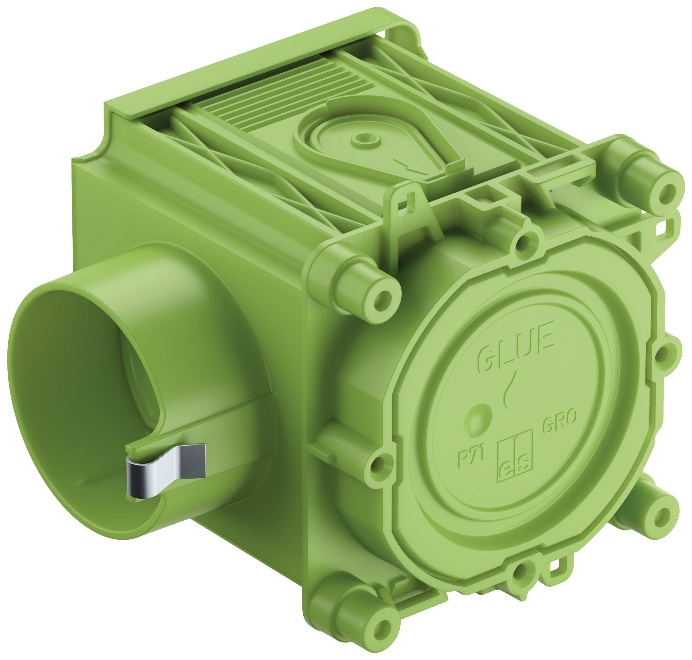 Ein grüner, rechteckiger Kunststoffanschluss mit mehreren Rohrverbindungen und Schraubmechanismen, geeignet für Sanitärinstallationen.