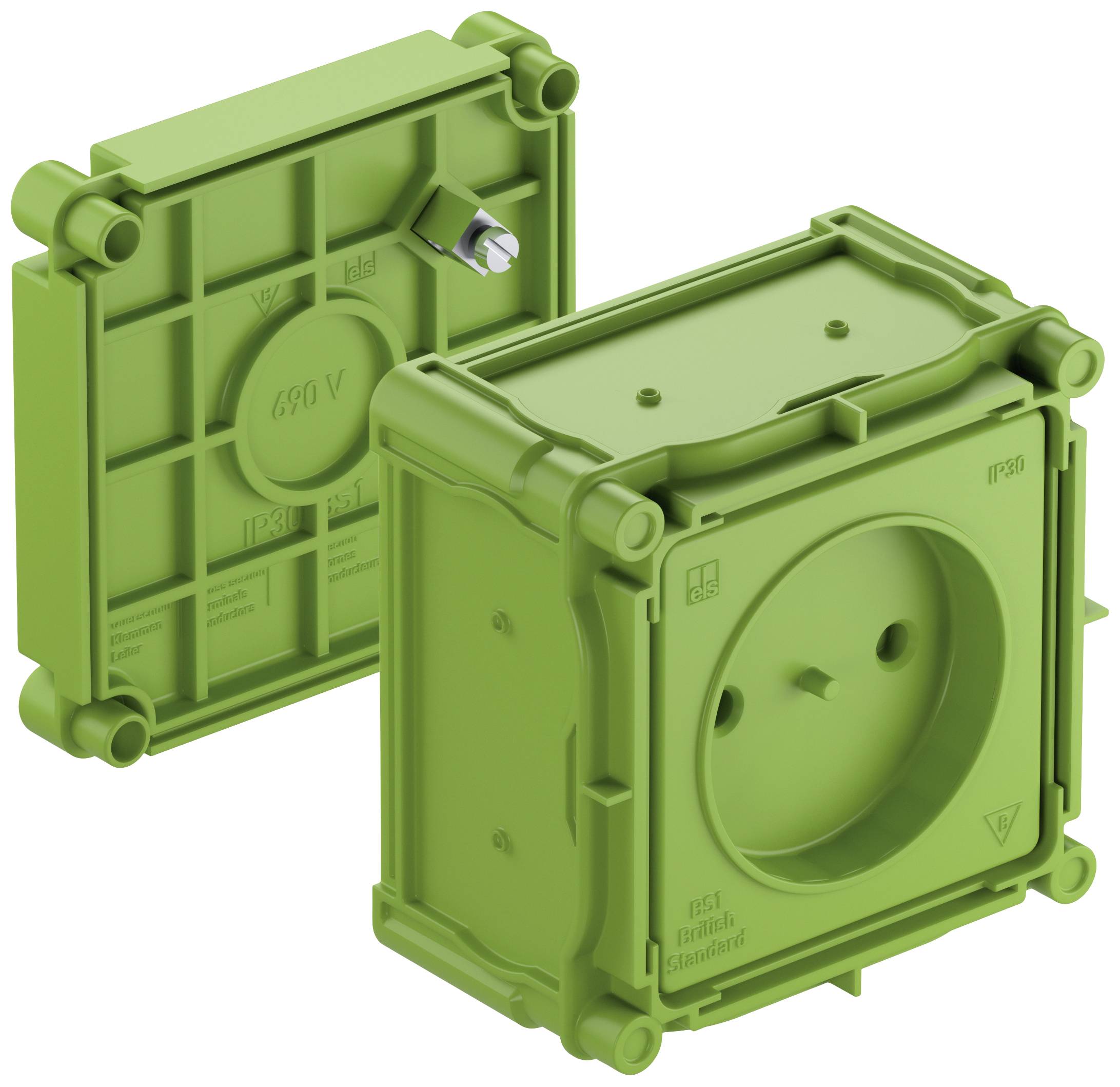 Grüner Steckeradapter mit Steckdose und abnehmbarem Deckel. Geeignet für Spannungen bis 690 V.