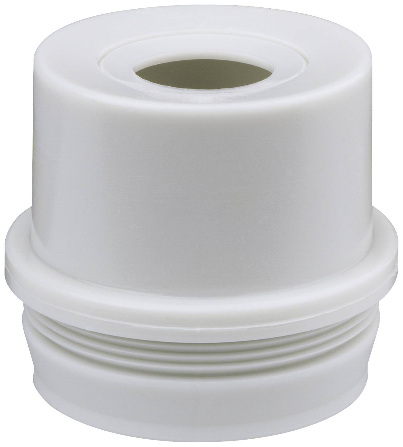 Ein weißer, zylindrischer Adapter mit einer Öffnung in der Mitte, geeignet für Rohrverbindungen oder Montageanwendungen.
