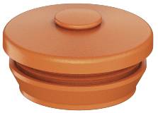 Runder, orangefarbener Deckel mit glatter Oberfläche und kleinem, runden Griff oben.