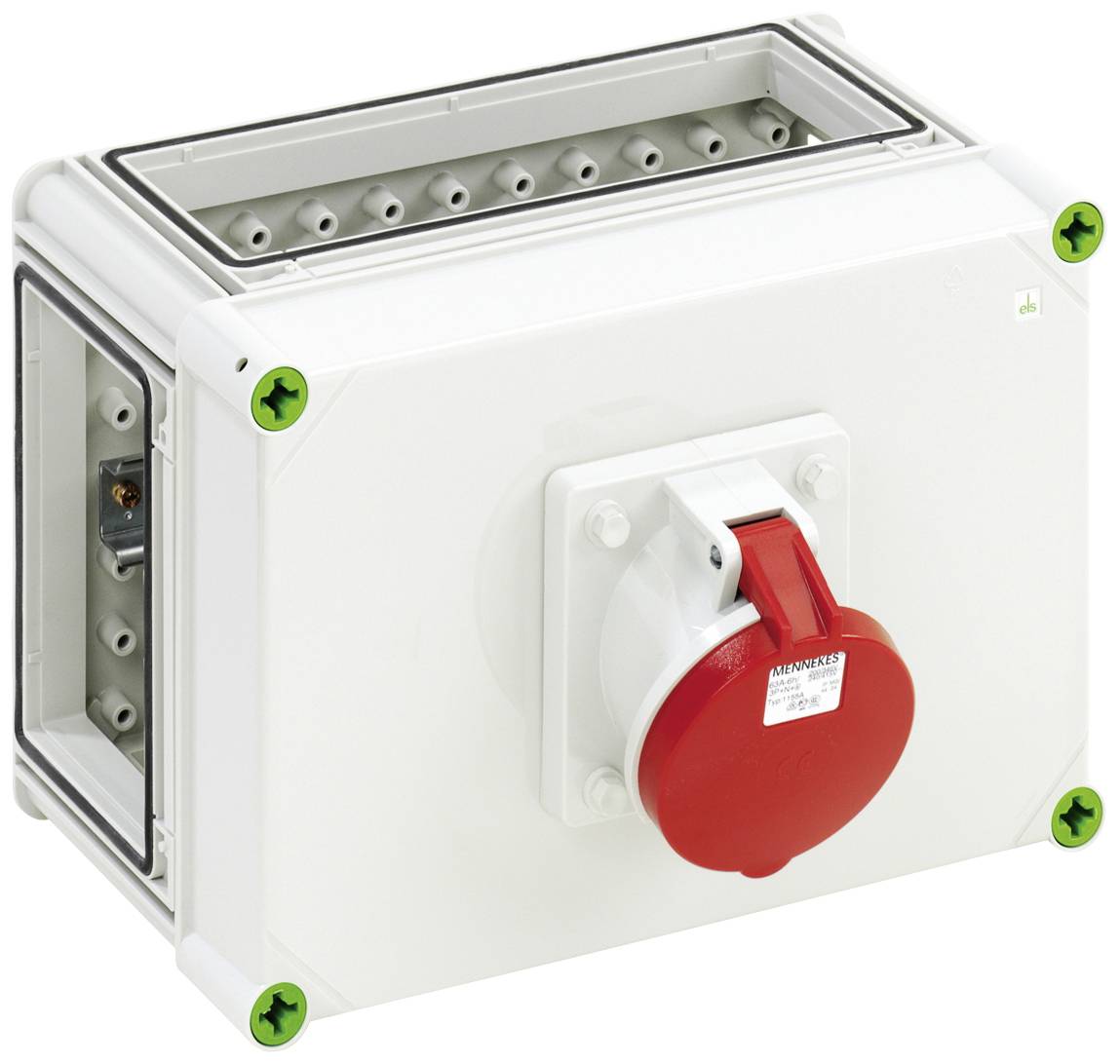 Weiße elektrische Anschlussdose mit roter Steckdose und grünen Schrauben in den Ecken, für industrielle Anwendungen geeignet.