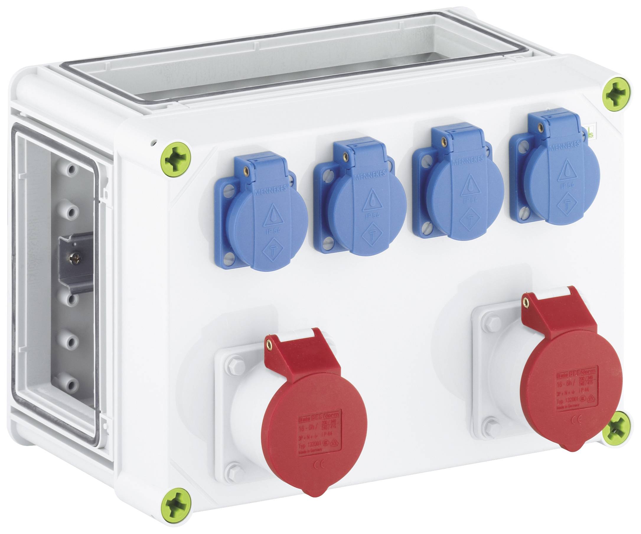 Elektroanschlusskasten mit vier blauen und zwei roten Steckdosen auf der Vorderseite.