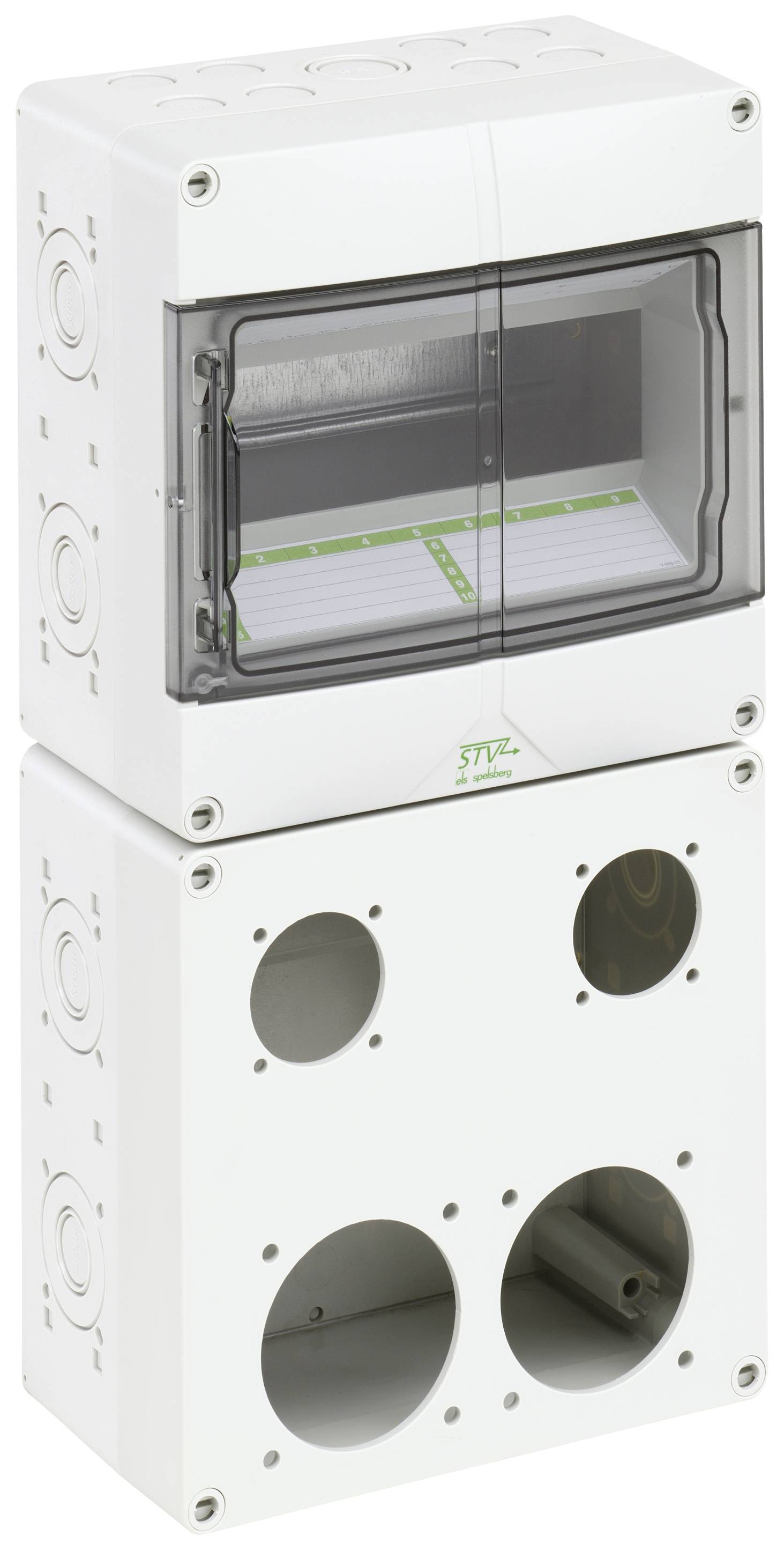 Zweistöckiges Kunststoffgehäuse mit transparentem Fenster oben, runde Öffnungen unten, geeignet für elektrische Installationen.