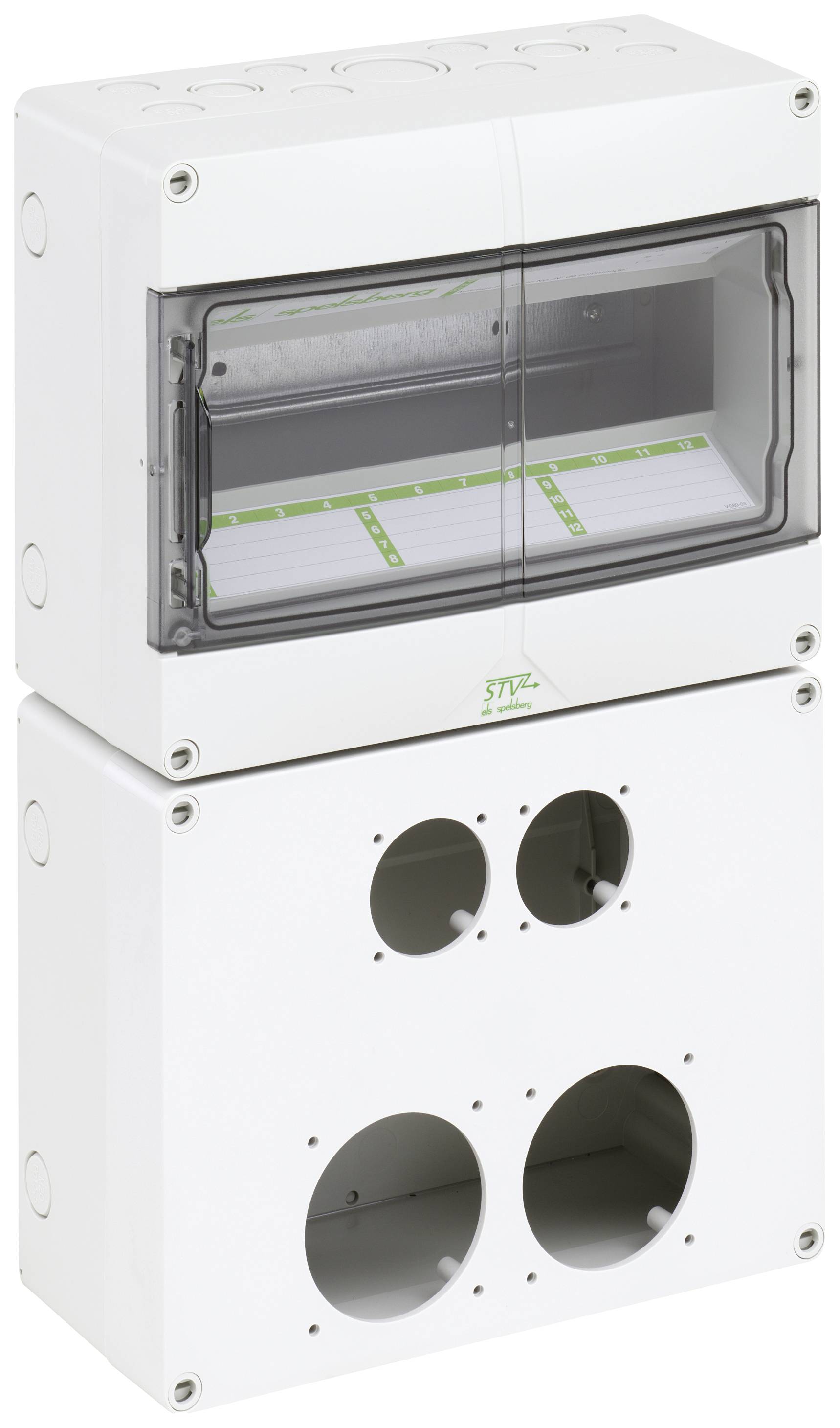 Ein leeres, weißes elektrisches Verteilergehäuse mit transparenter Abdeckung und mehreren runden Öffnungen an der Unterseite.