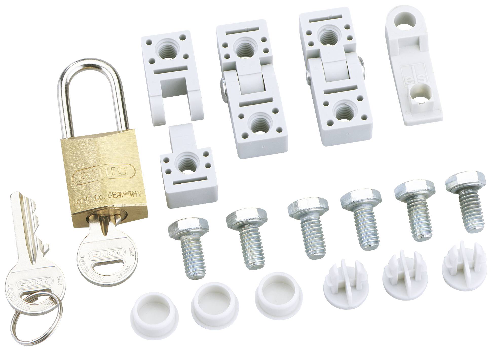 'ABUS Fenster-Zusatzsicherung FAS101': Ein goldfarbenes Vorhangschloss mit zwei Schlüsseln, Schrauben, Muttern und Sicherungsmechanismen.