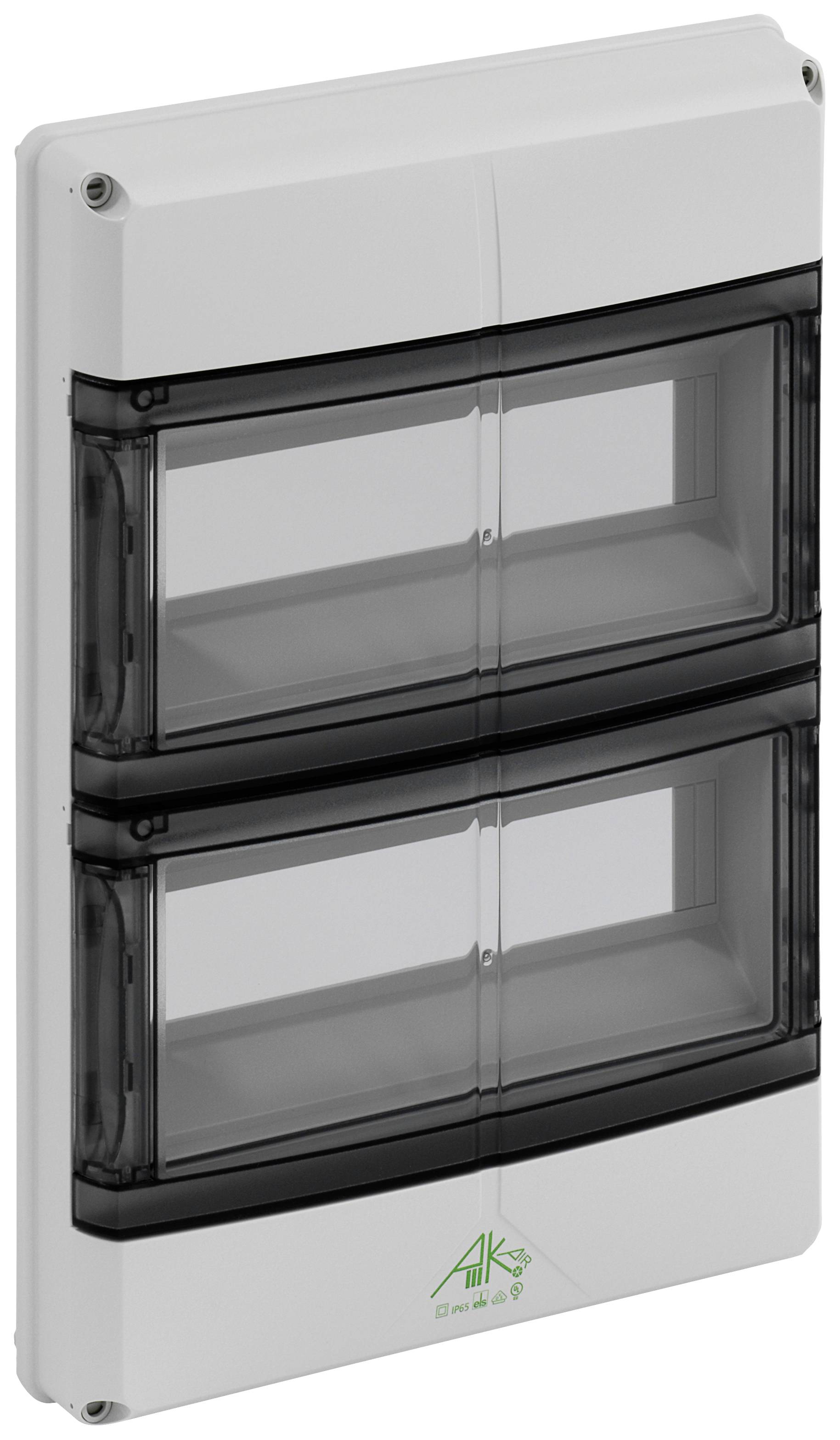 Gehäuse mit zwei Reihen aus transparentem Kunststoff-Cover, geeignet für elektrische Schaltkästen oder Sicherungspanels.