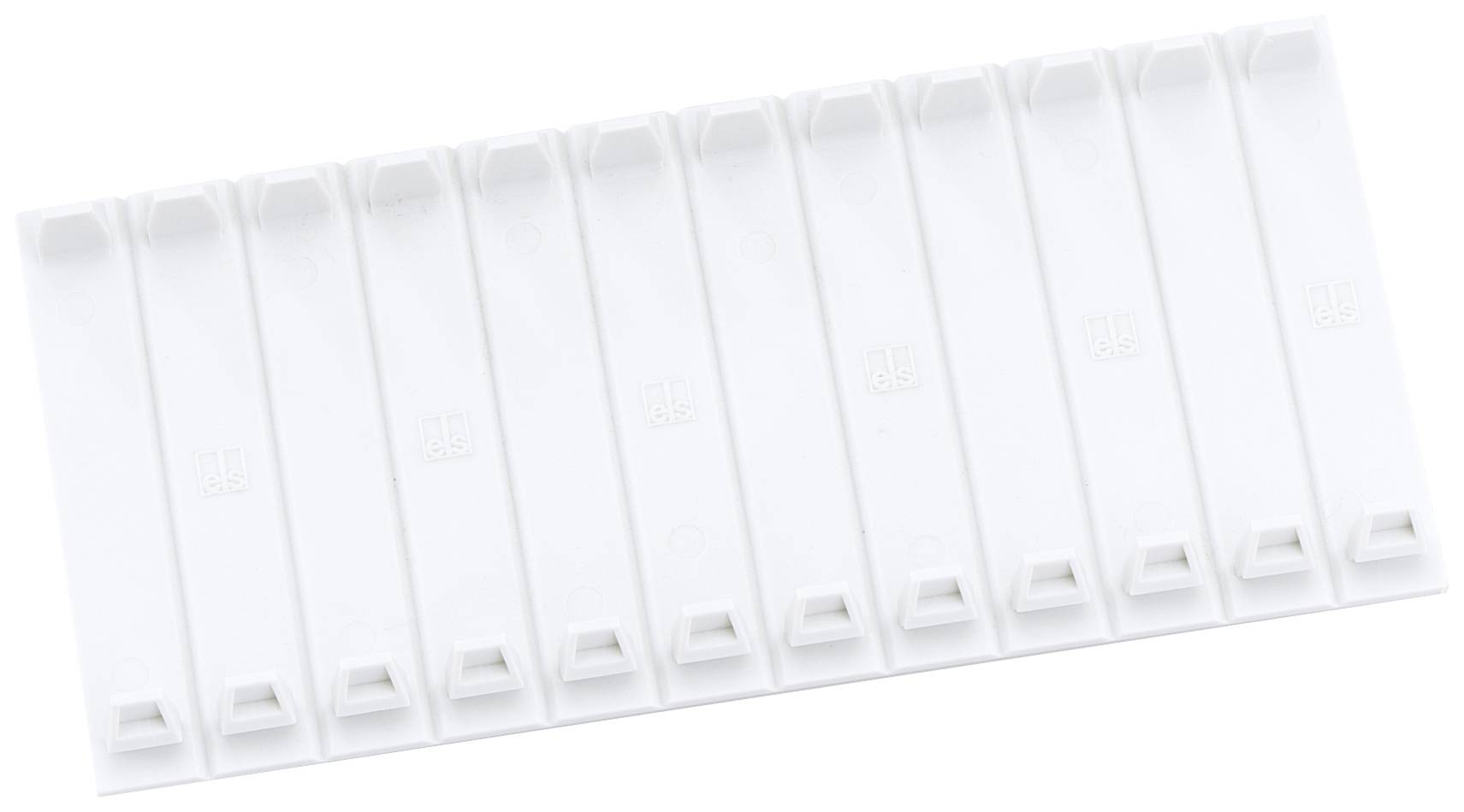 Ein weißer Schneiderklemmenblock mit zehn Steckplätzen, horizontal ausgerichtet.