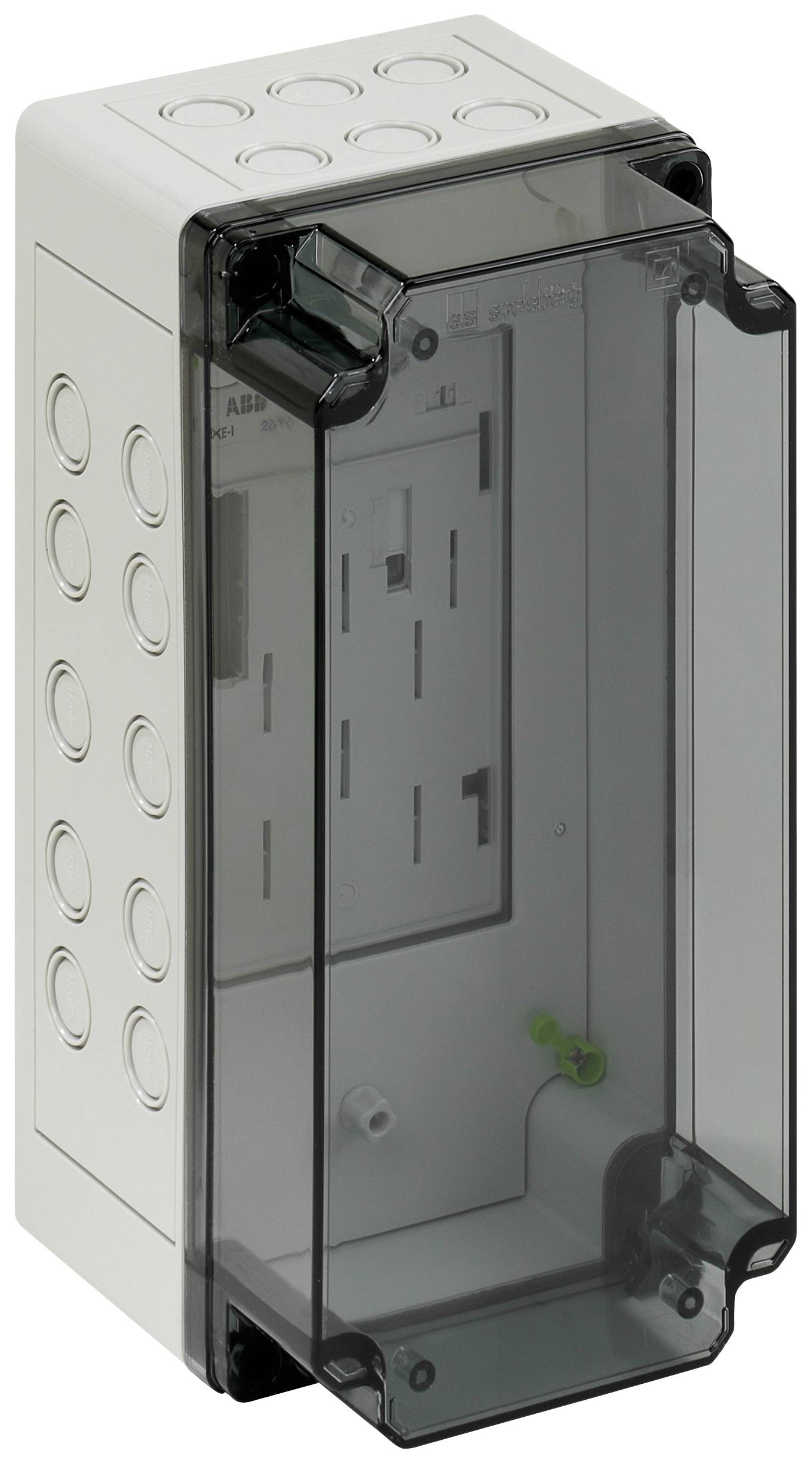 Elektrischer Schaltschrank in rechteckiger Form mit transparentem Deckel und mehreren Zugangsöffnungen an den Seiten.