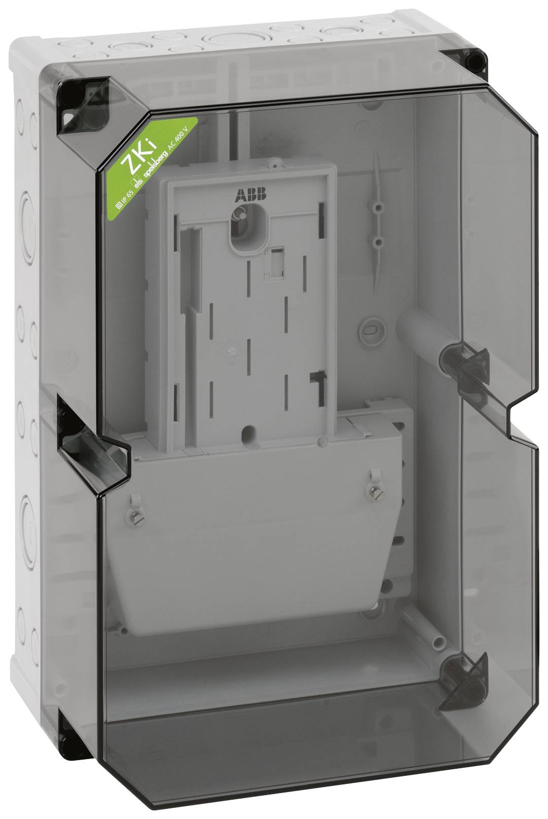 Gehäuse aus Kunststoff mit transparentem Deckel, markiert mit grünem ZKI-Aufkleber. Enthält innere Halterung für Elektrokleinteile.