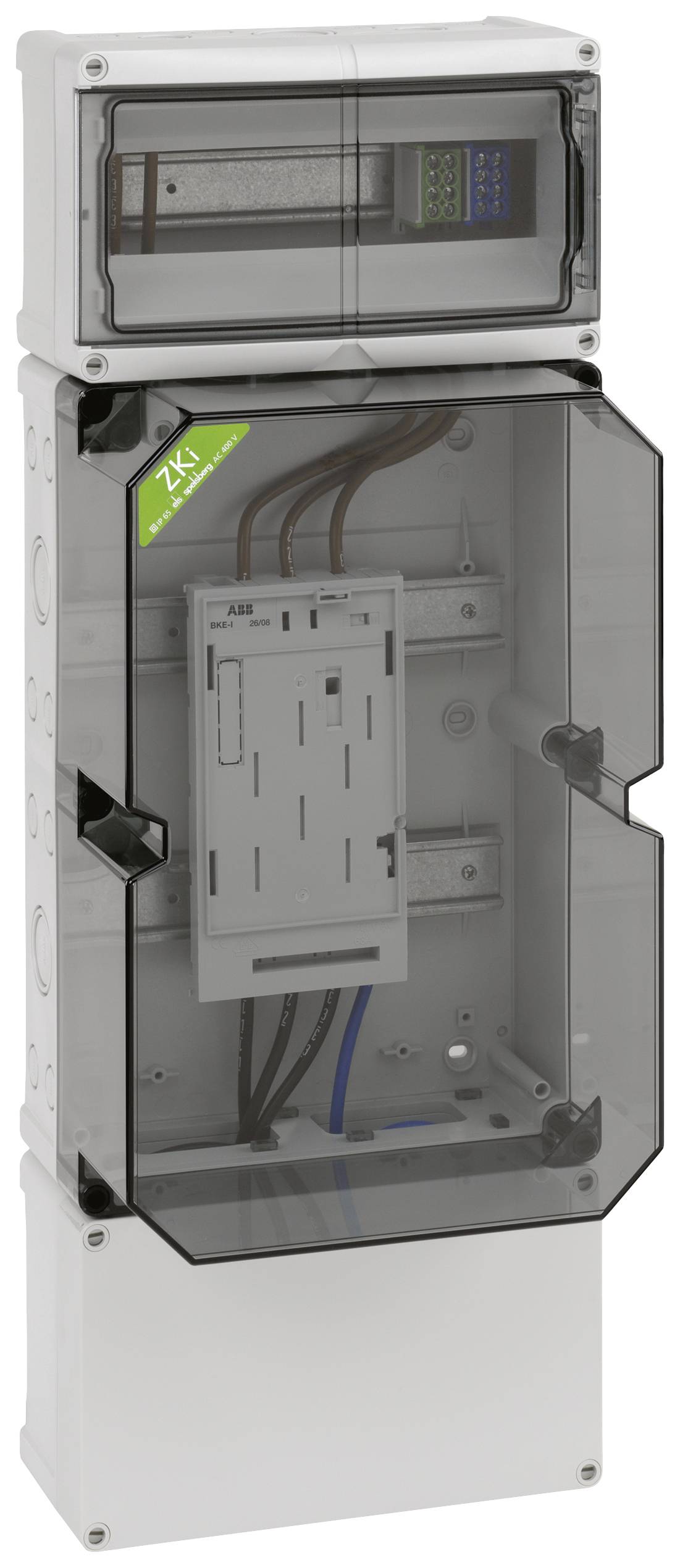 Schaltkasten im geöffneten Zustand mit sichtbarer Verkabelung und Sicherungen, grünem Etikett 'ZKI', transparentem Schutzdeckel.