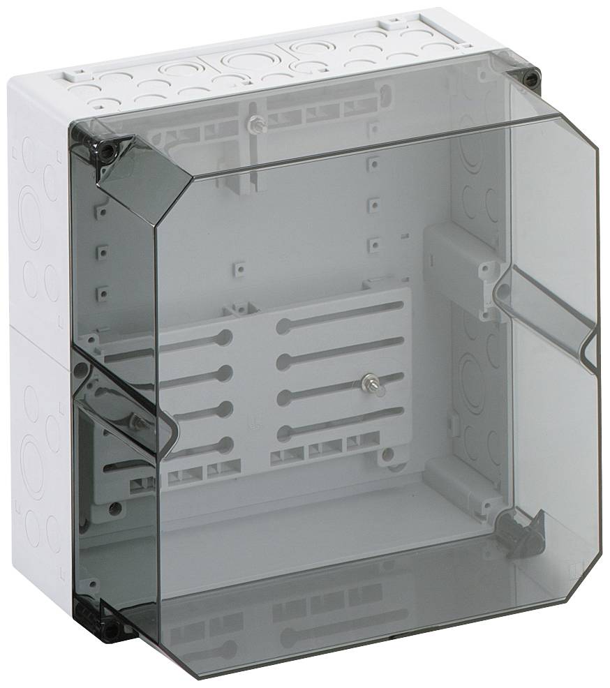 Transparenter Kunststoffkasten, offen gezeigt, mit mehreren Kabelöffnungsmöglichkeiten an den Seiten, ideal für elektronische Installationen.